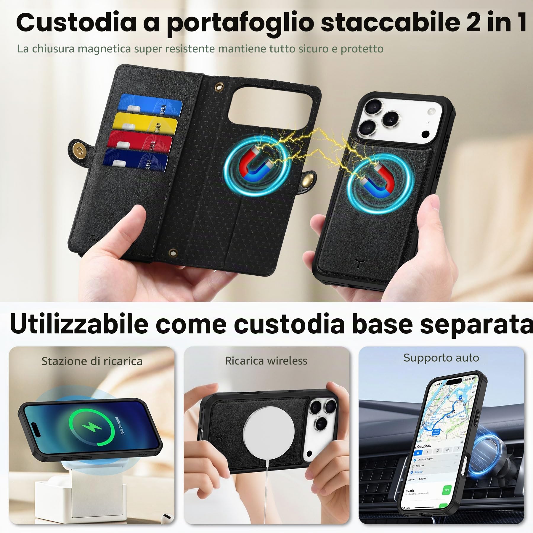 TUCCH Custodia per iPhone 17 Pro Max 6,9" 5G 2025, Nero Testurizzato | Blocco RFID, Portafoglio Pelle Sintetica, 10 Slot Schede, Scomparto Cerniera Tasca Contanti