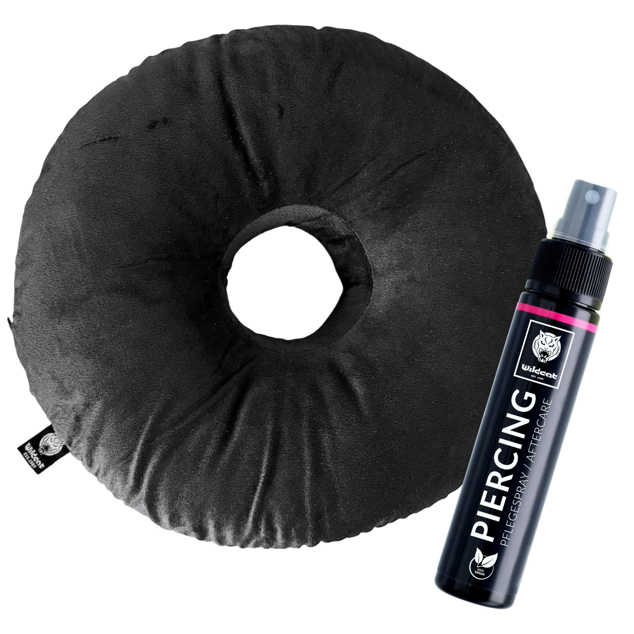 Wildcat Piercingspray 50ml & Piercingkissen im Set – Aftercare & Pflege für frische Piercings – unterstützt die Abheilung, pflegt die Haut, schützt Piercings - Kissen mit Loch & Pflegespray