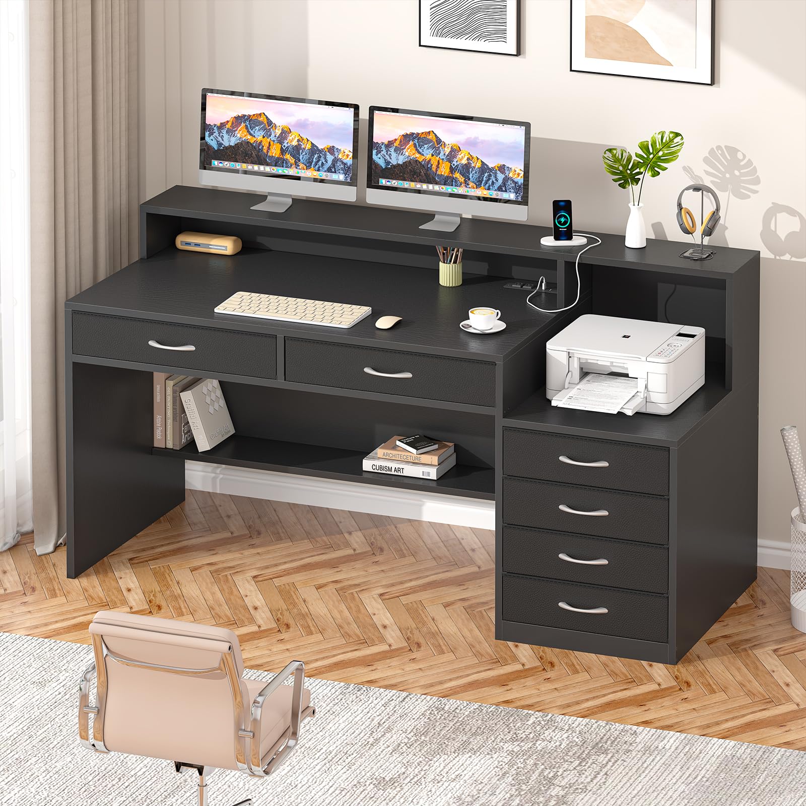 Computer Desk with 6 Drawers, 55 Inch Home Office Desk with Storage, Power Outlets and Printer Stand, Study Writing Desks with Long Monitor Stand, Black