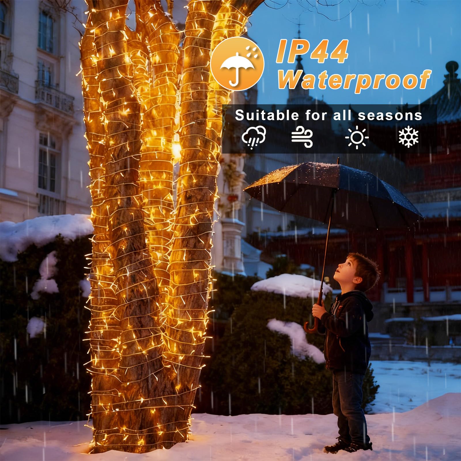 Guirlande Lumineuse Extérieure Électrique 100m Lumières de Noël avec Prise et Minuterie, 8 Modes IP44 Étanche - Blanc Chaud