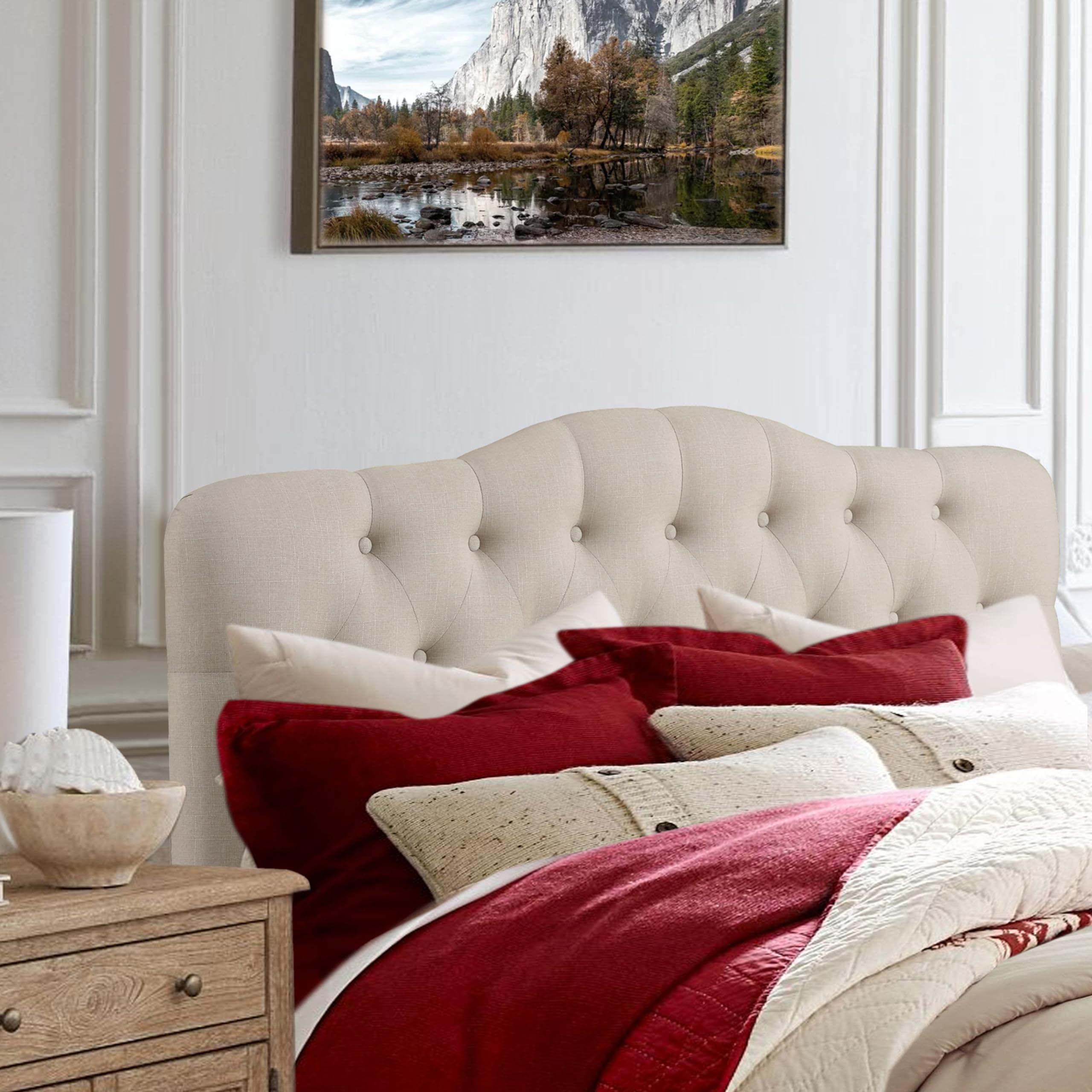 Rosevera Givanna Adjustable Heigh Headboard with Linen Upholstery and Button Tufting for Bedroom, Queen, Natural