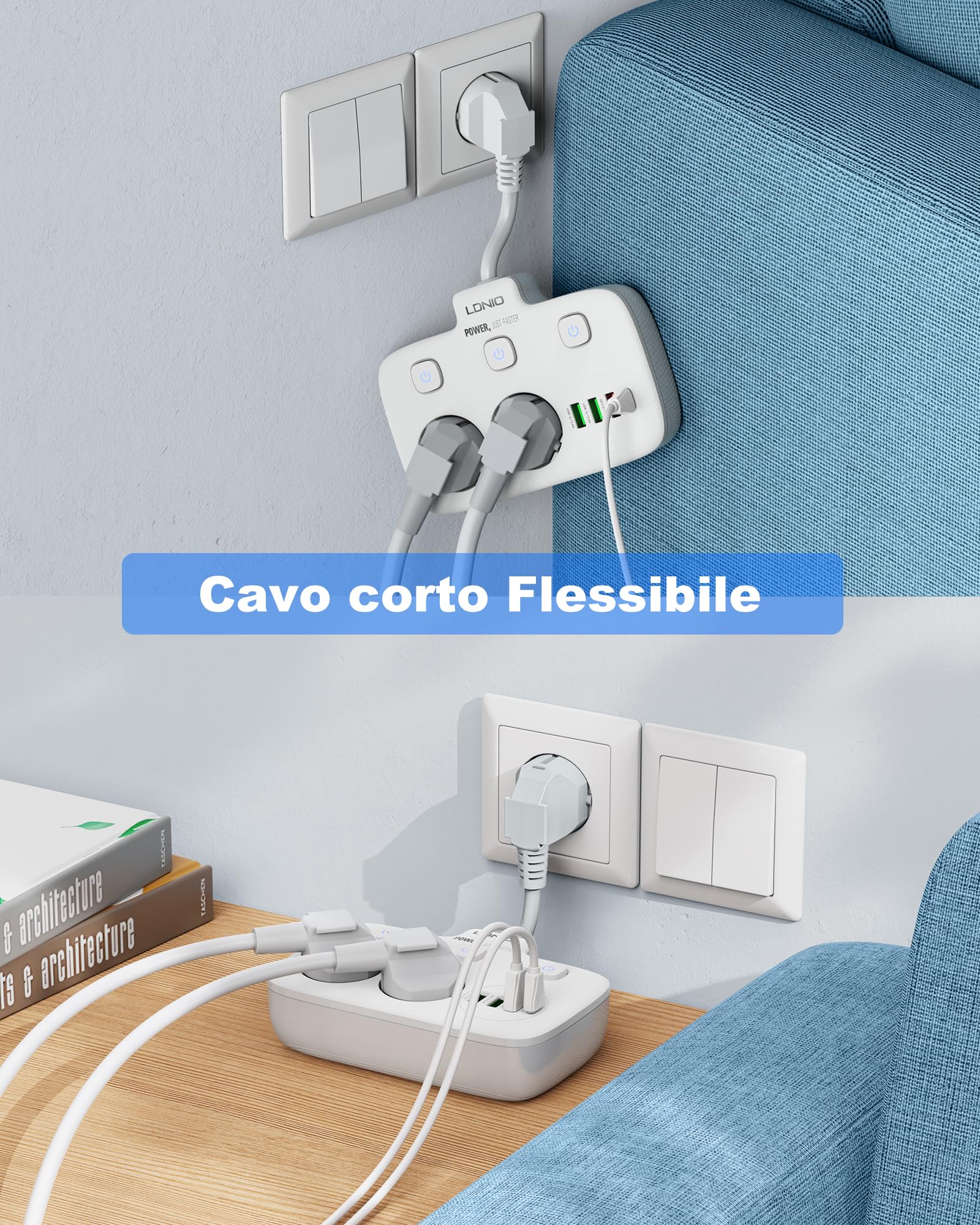 LDNIO Ciabatta Multipresa con USB C, Multipla Elettrica con 2 prese(Tedesca Spina)+3 Porte USB+1 Type C, Prese Multipresa con 3 interruttori indipendenti, Perfetto per Ufficio, Casa