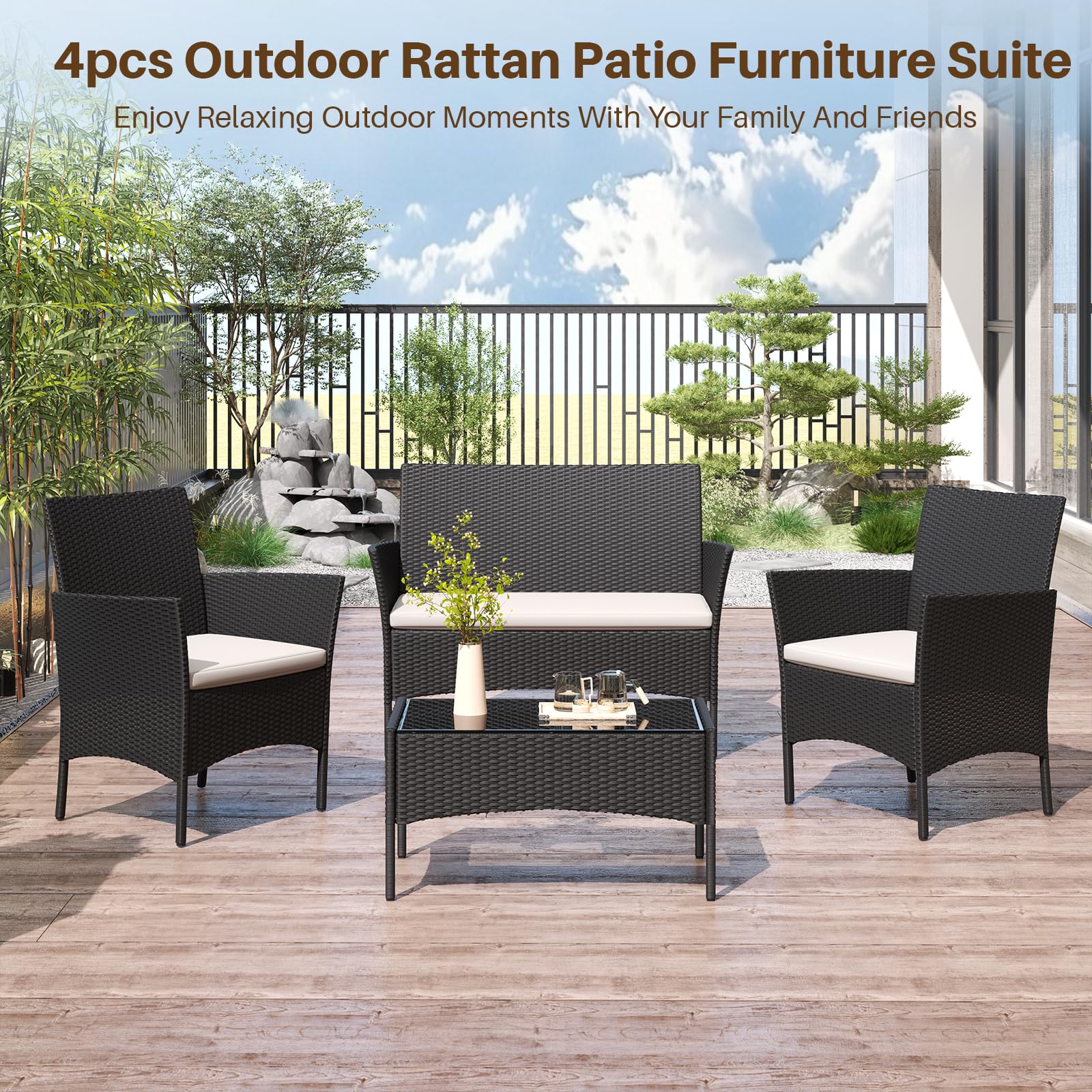 Bigzzia Juego de Muebles de Jardín de Ratán, 4 Piezas, Muebles de Ratán para Patio, Sofá de Tejido de Mimbre Incluye 2 Sillones, 1 Sofá de Doble Asiento y 1 Mesa