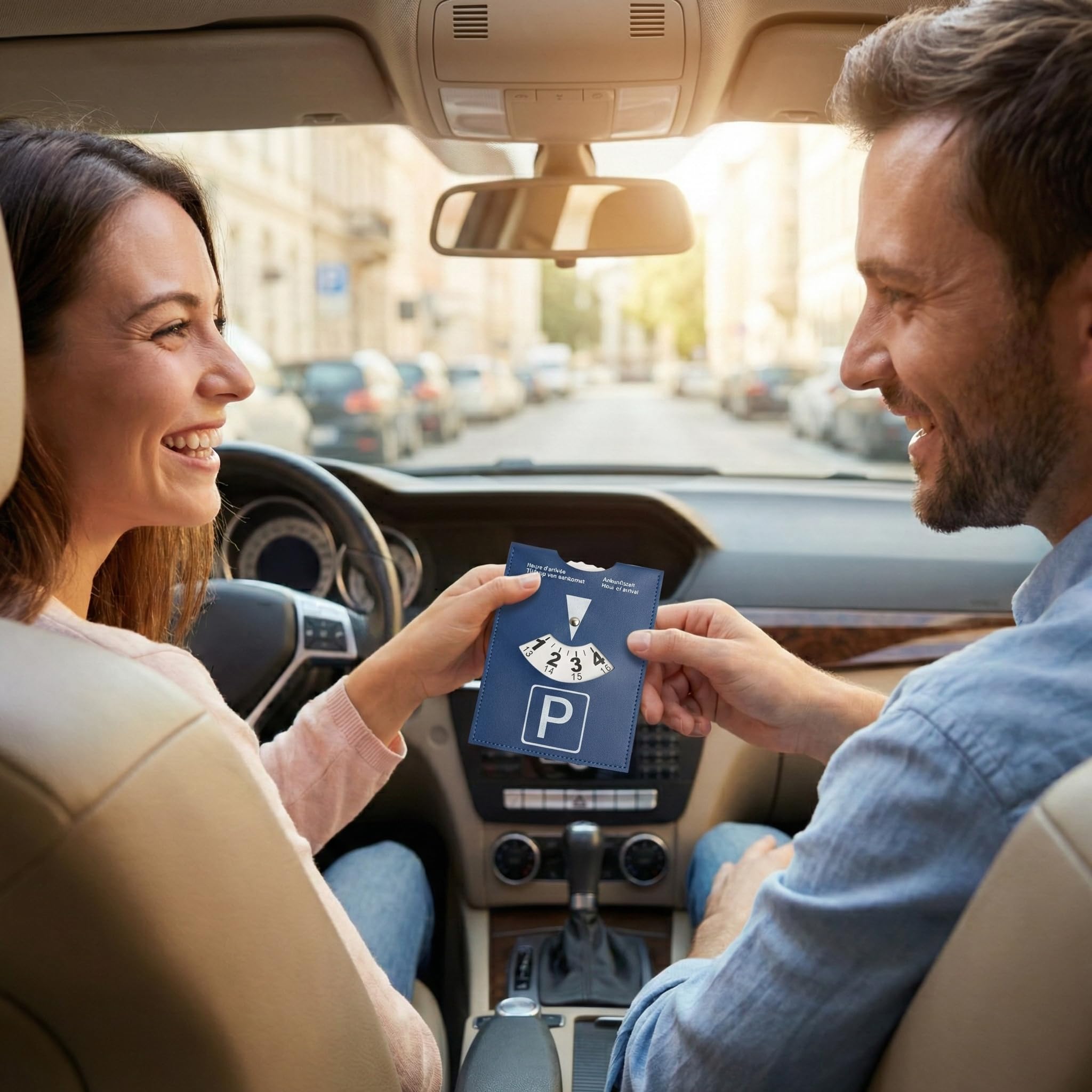 Disco horario Europeo para estacionamiento 1 Unidad Grande 10x13 cm Color Azul en Cuero sintético Suave para Coche Moto y Autocaravana Uso Urbano y Viajes