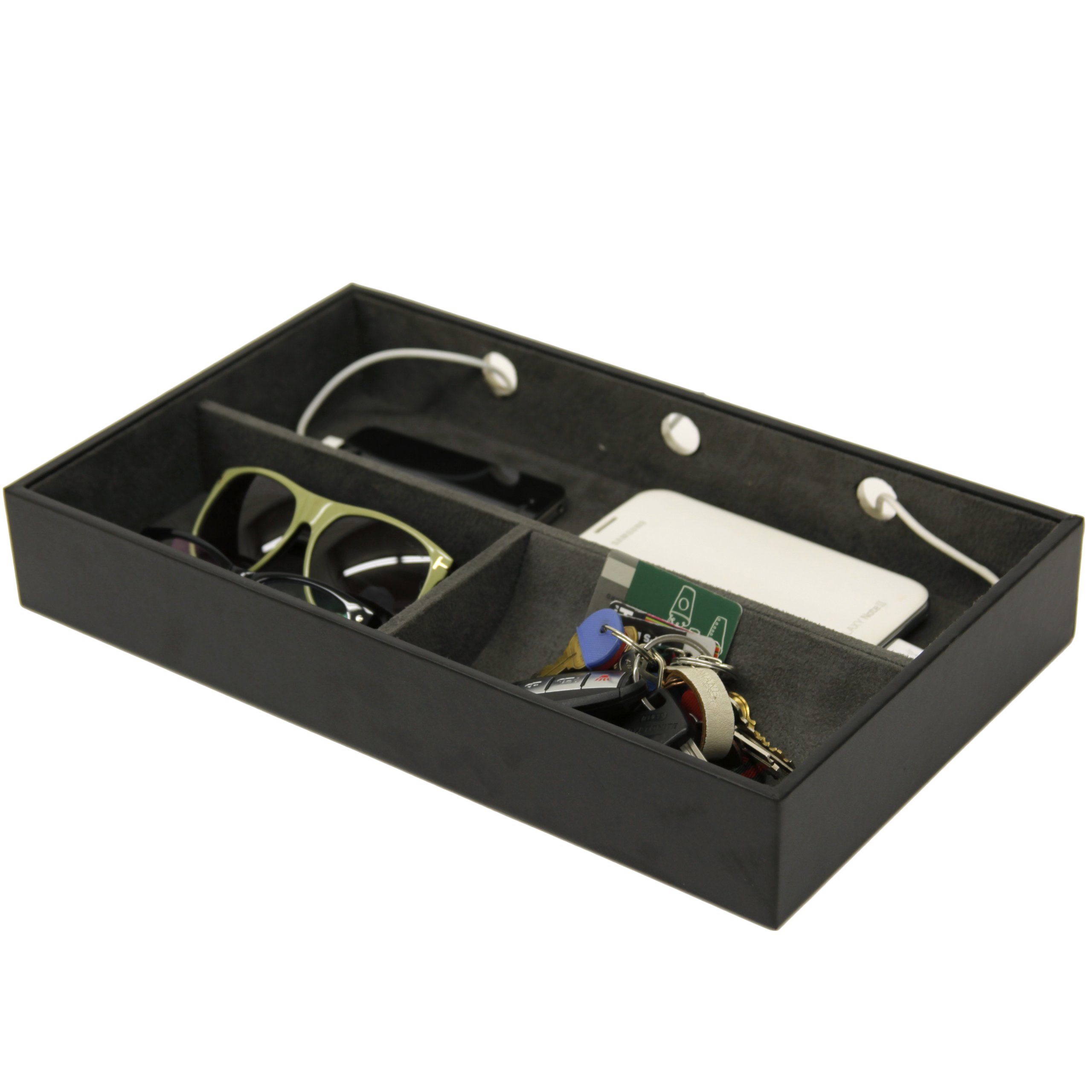 Valet Tray Charging Station Cell Phones Coins Keys Jewelry Leather (Black)