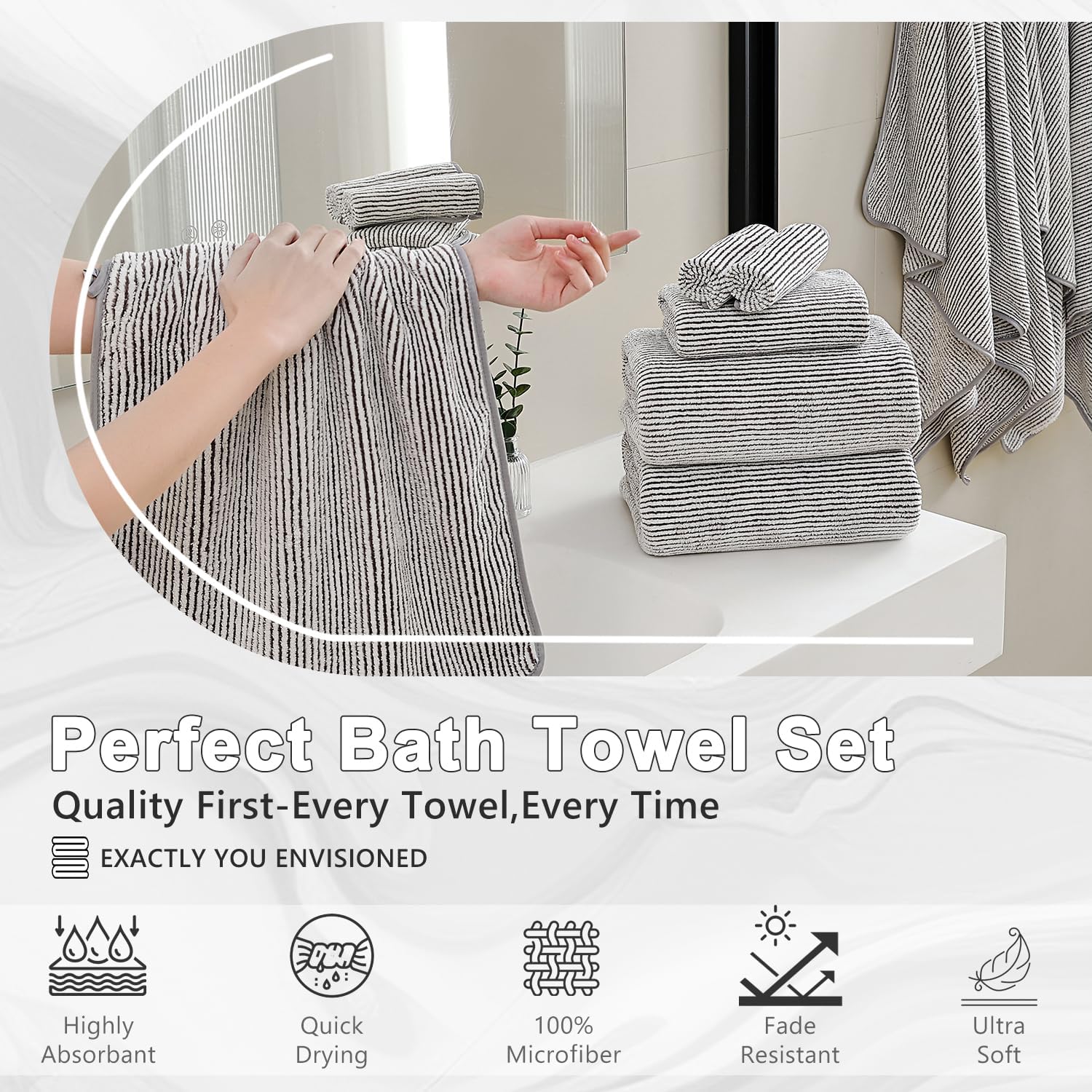 8-Piece Premium Towel Set for Bathroom|2 Oversized Large Bath Sheet,2 Hand Towels,4 Washcloths|Soft Cozy Highly Absorbent Fast Dry Microfiber Shower Towel Set for Hotel Bathroom Essentials,Brown White - Image 5