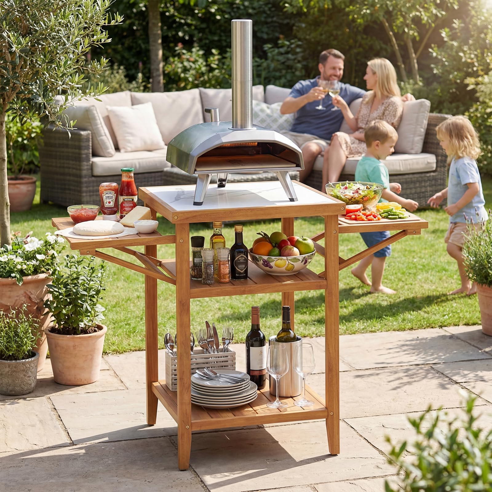 COSTWAY Grilltisch Outdoor, Campingtisch aus Akazienholz, Gartentisch mit 2 klappbaren Seitenablagen, 2 offene Ablage & Tischplatte in Marmoroptik, BBQ-Tisch für Grillen Camping Garten, Natur