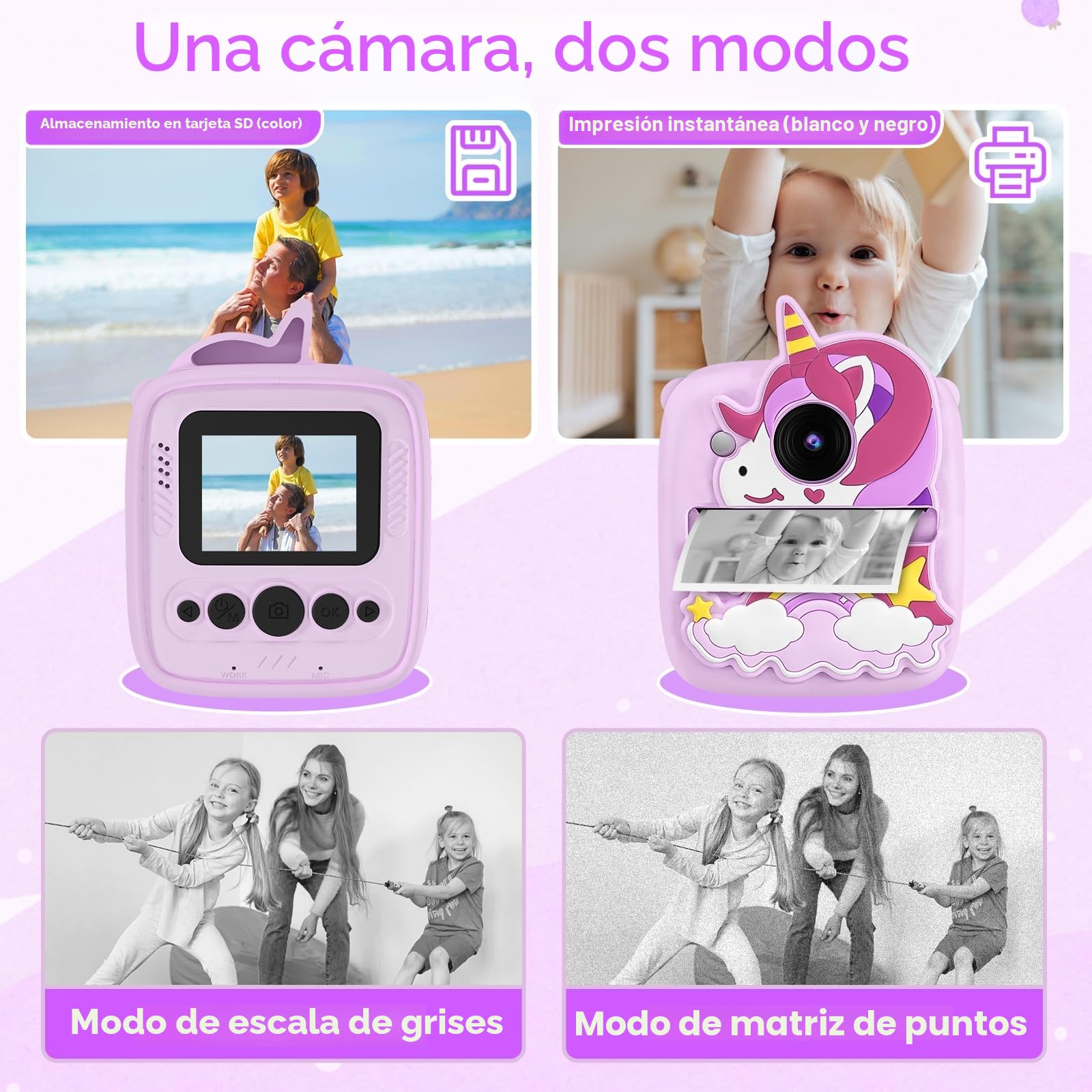 Camara Fotos Infantil Instantanea, 2,0 Pulgada 48MP Cámara de Fotos Instantánea, 1080P Cámara Instantánea Infantil con Papel Fotográfico & Funda de Silicona, Regalo para Niños de 3 a 10 Años