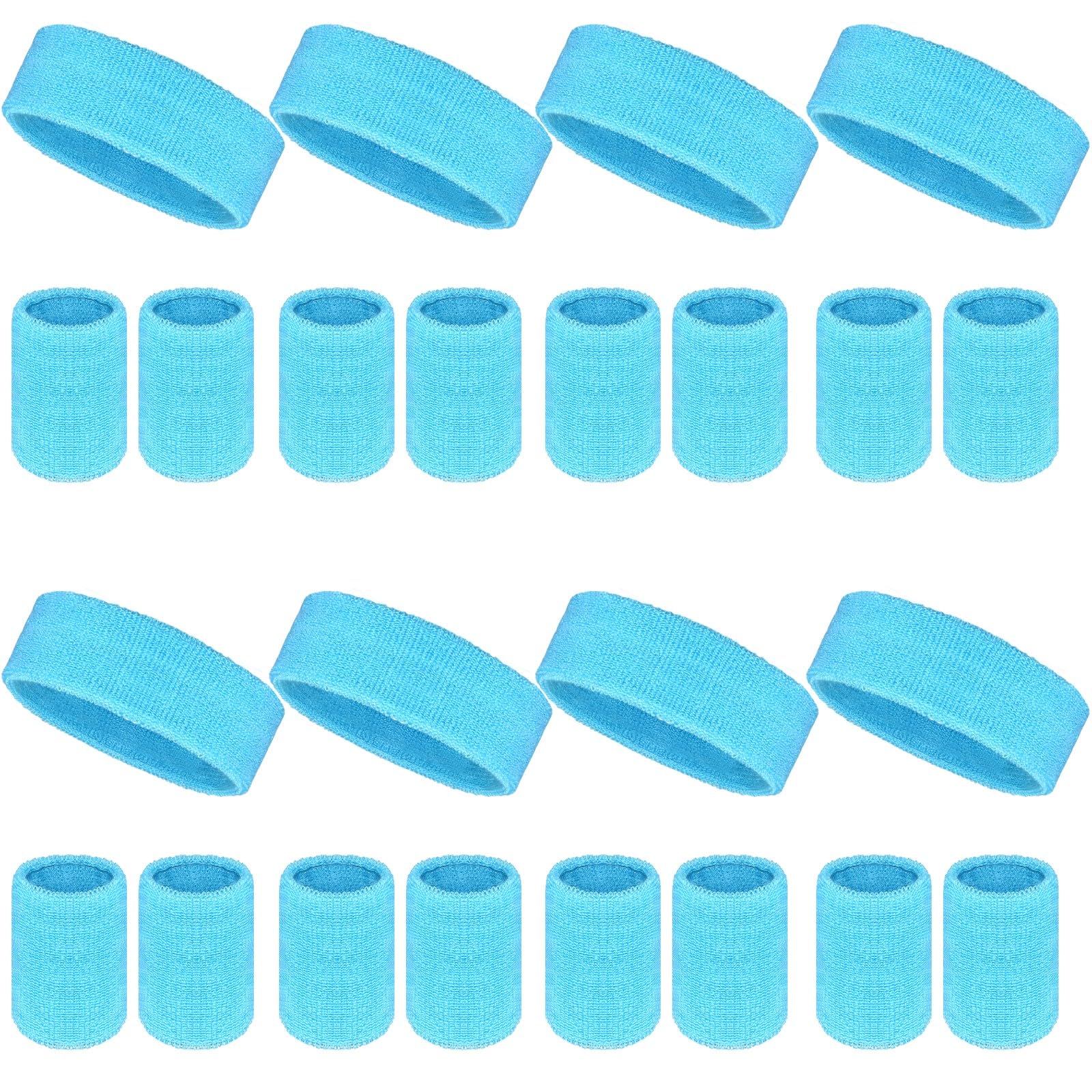 24 Pcs Neon Sweatbands Set Include 8 Pcs Sports Headband and 16 Pcs Cotton Wristbands 80s Neon Sweat Bands Bulk for Gym, Tennis, Basketball, Running, Exercise (Sky Blue)-image-34