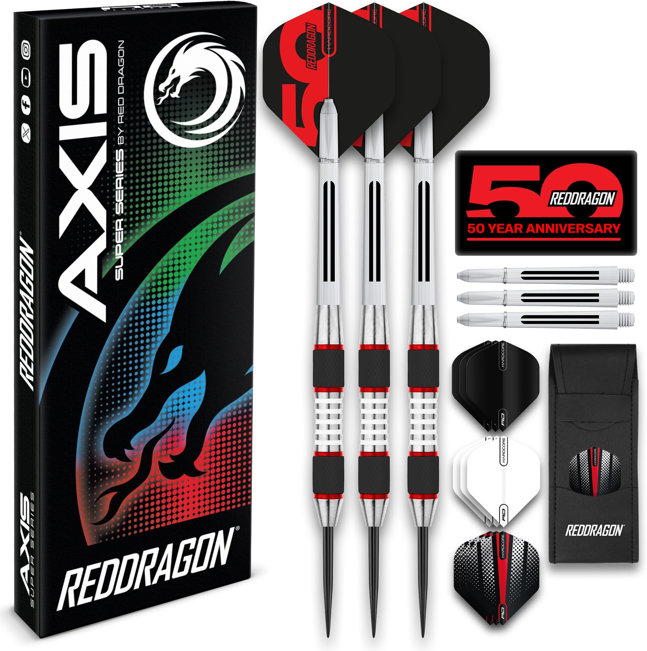 RED DRAGON Darts - Axis 24 Gram Blue Tungsten Darts Set with Flights, Shafts (Stems) and Wallet