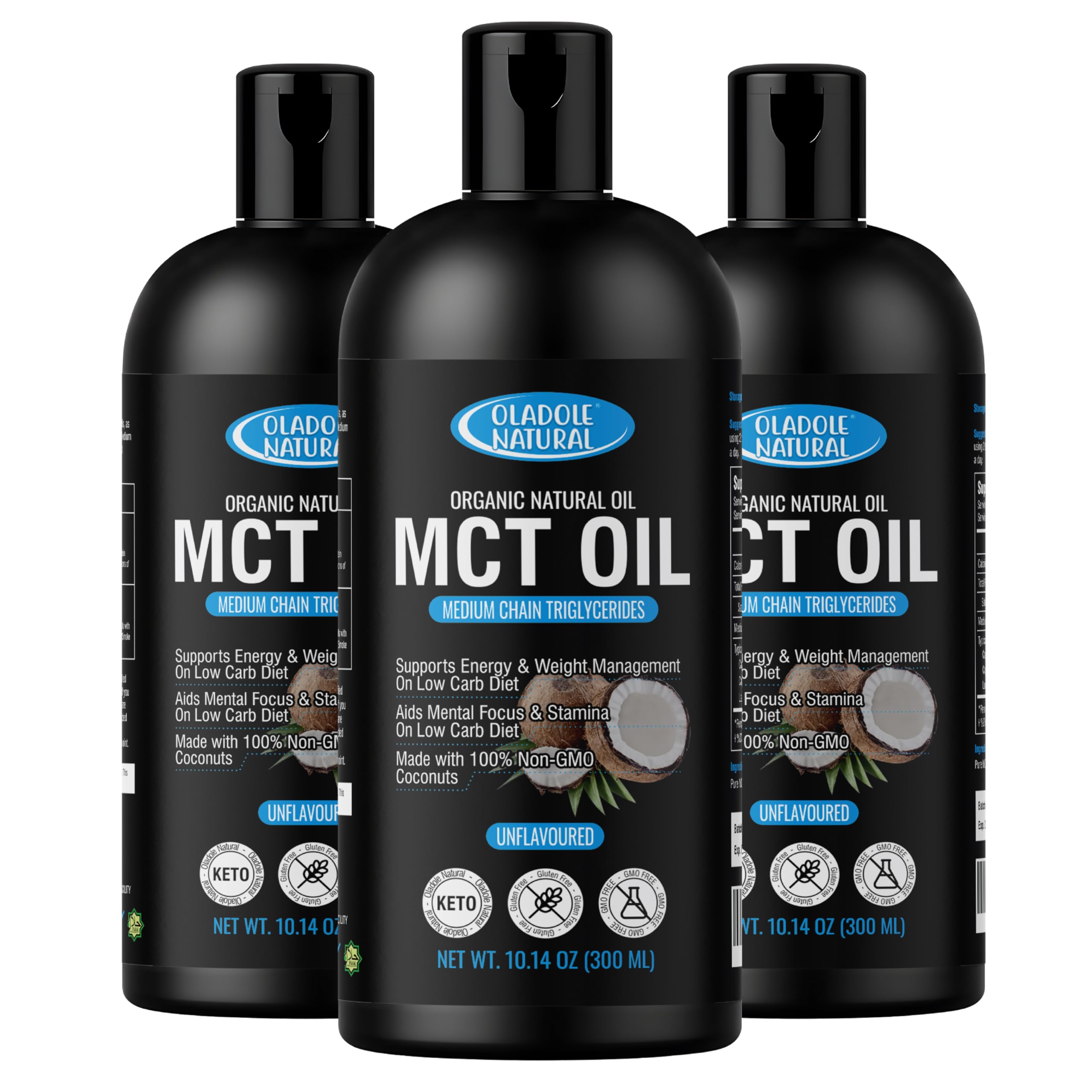 Oladole Natural Organic MCT Oil- 300ml, Pack 3 | Pure, Unflavored from Coconut | Supports Energy, Weight Management, Mental Focus | Keto & Paleo Friendly | Brain & Body Fuel Ideal for Coffee, Tea