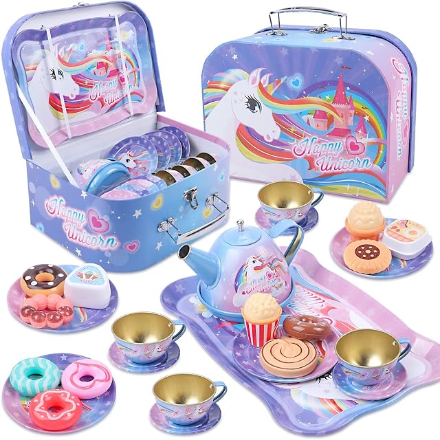Tacobear Kids Tea Party Set for Children Unicorn Tea Set Tin Tea Set with Dessert Toy Carrying Case Princess Tea Time Unicorn Gift Pretend Play Tea Set Toys Gift for Kids Girls 3 4 5 6 7 Years