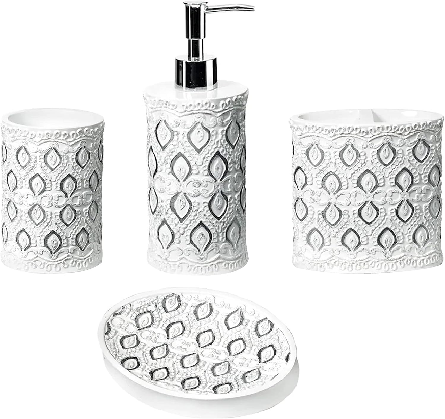 Popular Bath 4pc Monaco Stylish Bathroom Accessories Set Soap and Lotion Dispenser, Tumbler, Tooth Brush Holder and Soap Dish Modern Classic Luxury Contemporary Decor Unique Design Modern Bath Set