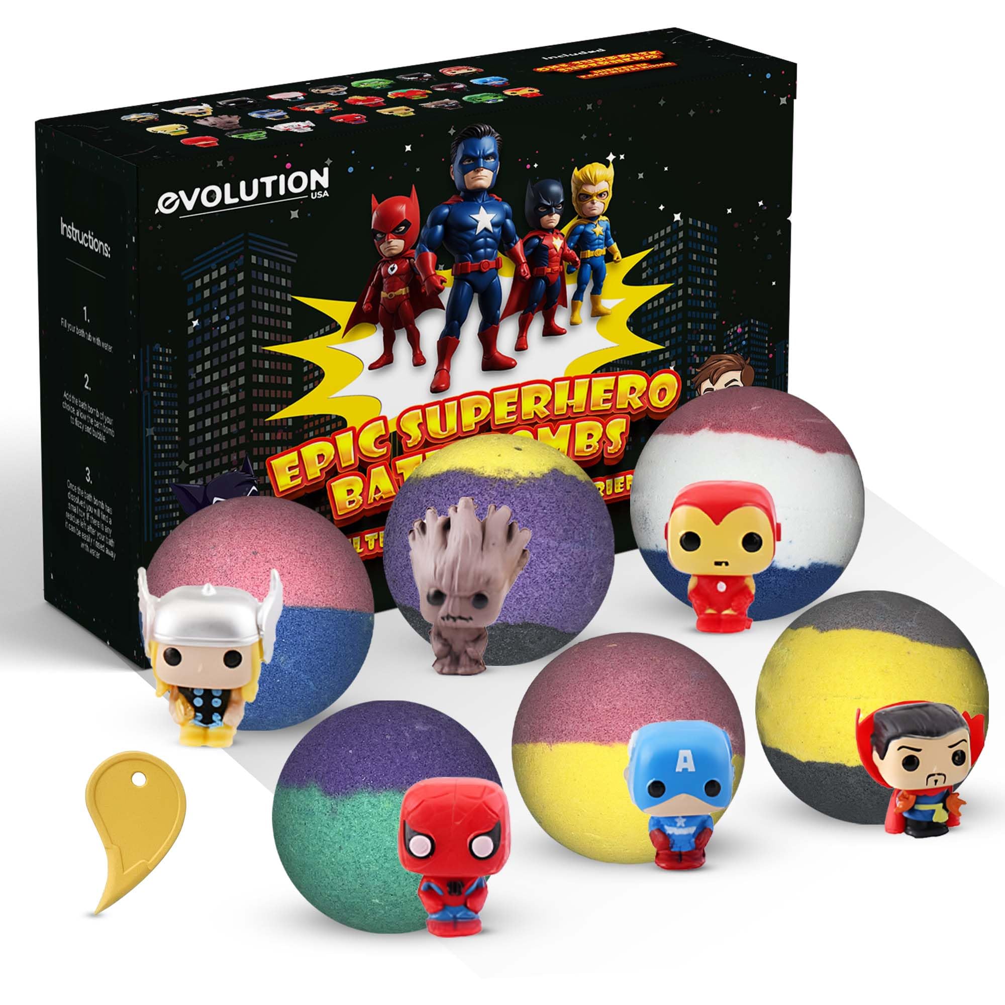 6 Super Hero Bath Bombs for Boys 4-8, Organic Bathbombs for Boys, Bath Bomb Kits for Kids Age 8-12, Spiderman Bath Bombs for Boys with Surprise Inside, Natural Superhero Bath Bombs with Toys for Boys