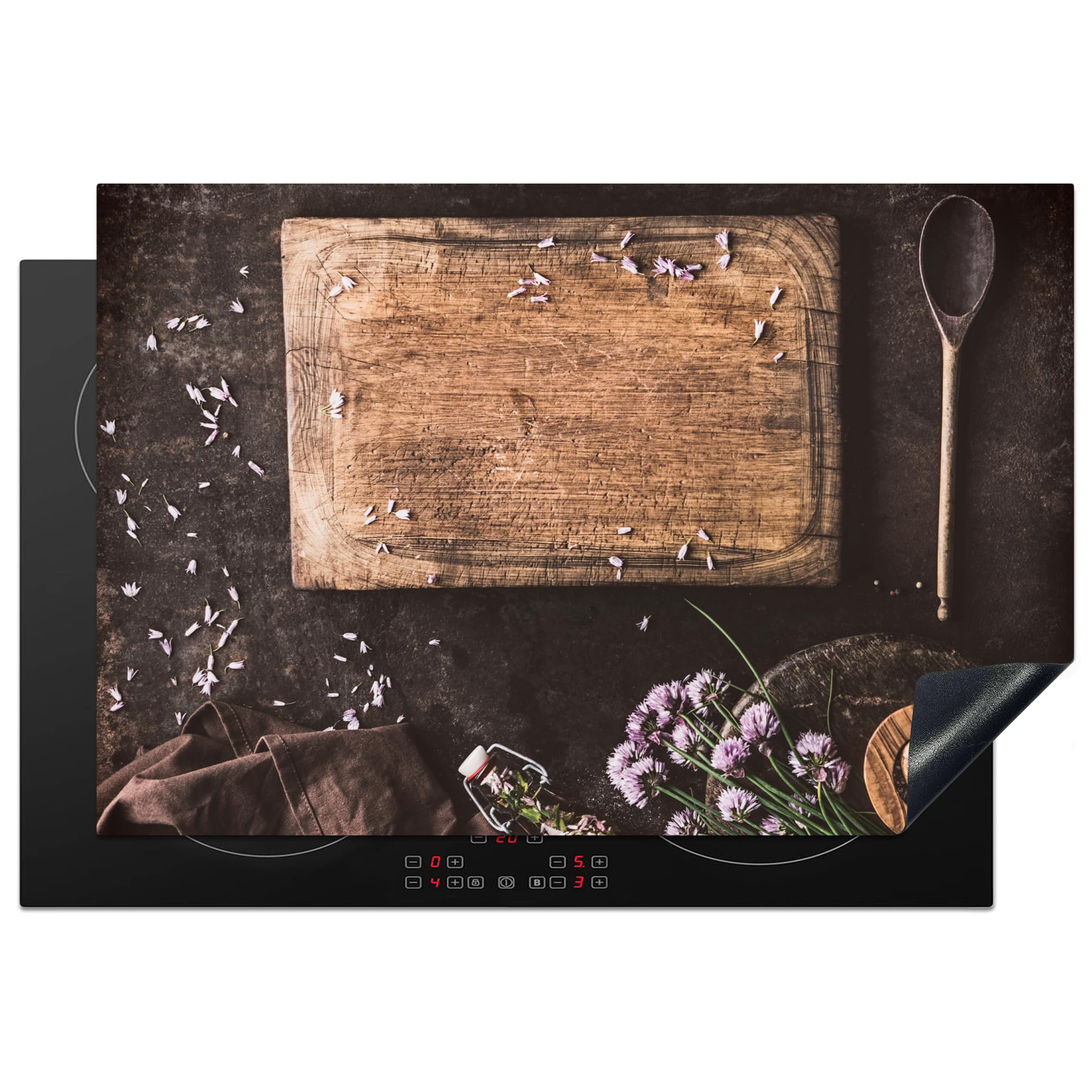 KitchenYeah© Induction Hob Protector Mat 20.3"x29.9" / 76x51.5 cm Cooker Top Protectors Cover Ceramic Covers Electric Hobs Vinyl Cutting Board - Spices - Spoon - Kitchen - Rustic