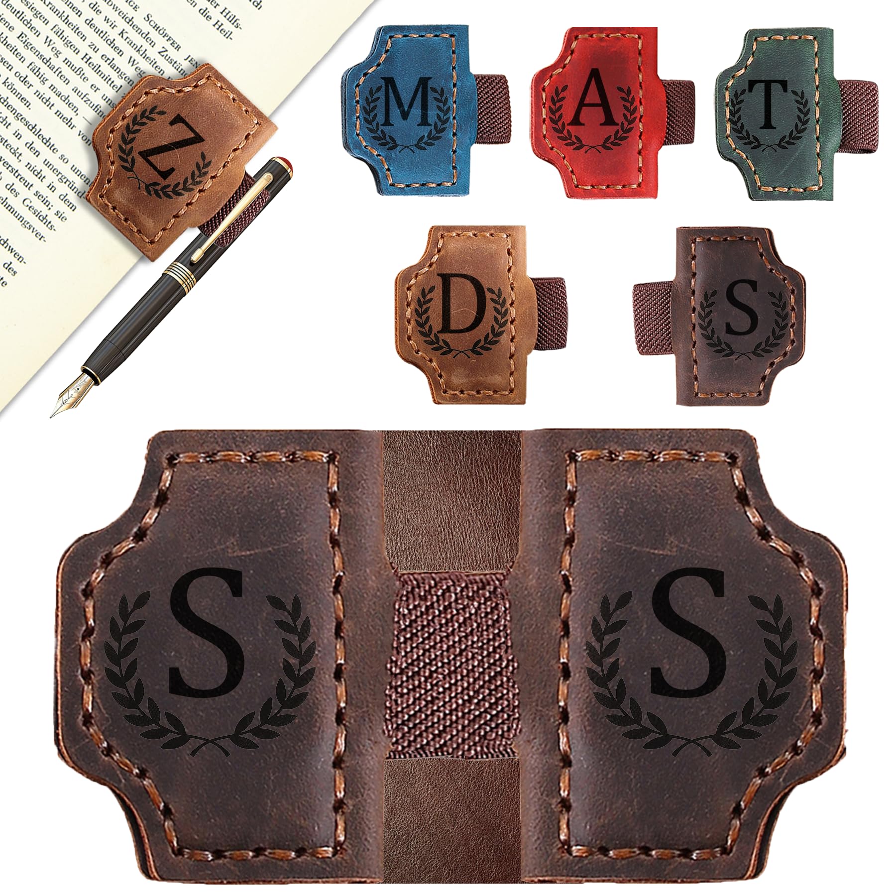Custom Magnetic Bookmarks with Pen Holder, Personalized 26 Letters Name Initial Leather Bookmark, Leather Book Mark for Men Women Teachers, Readers