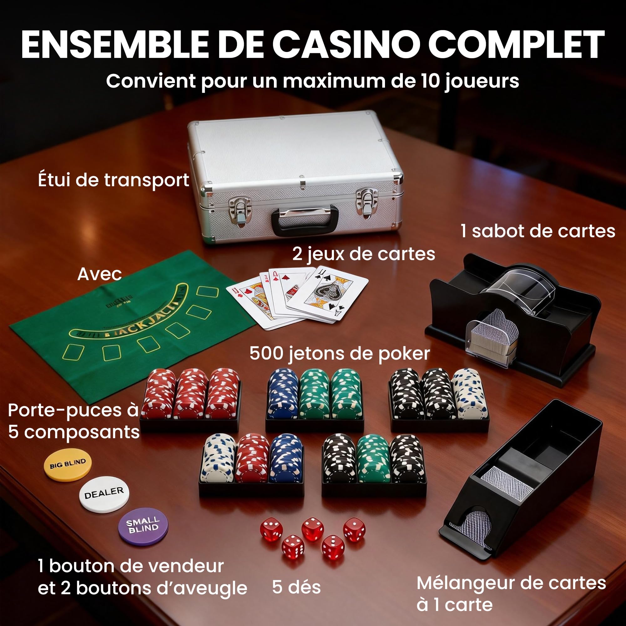 SPORTNOW - Maletín de Póker Completo de 500 Fichas, Carcasa de ABS, Tarjetas de Juego, Dados, Distribuidor, Alfombras, Llaves para Juegos de Blackjack y Texas Holdem