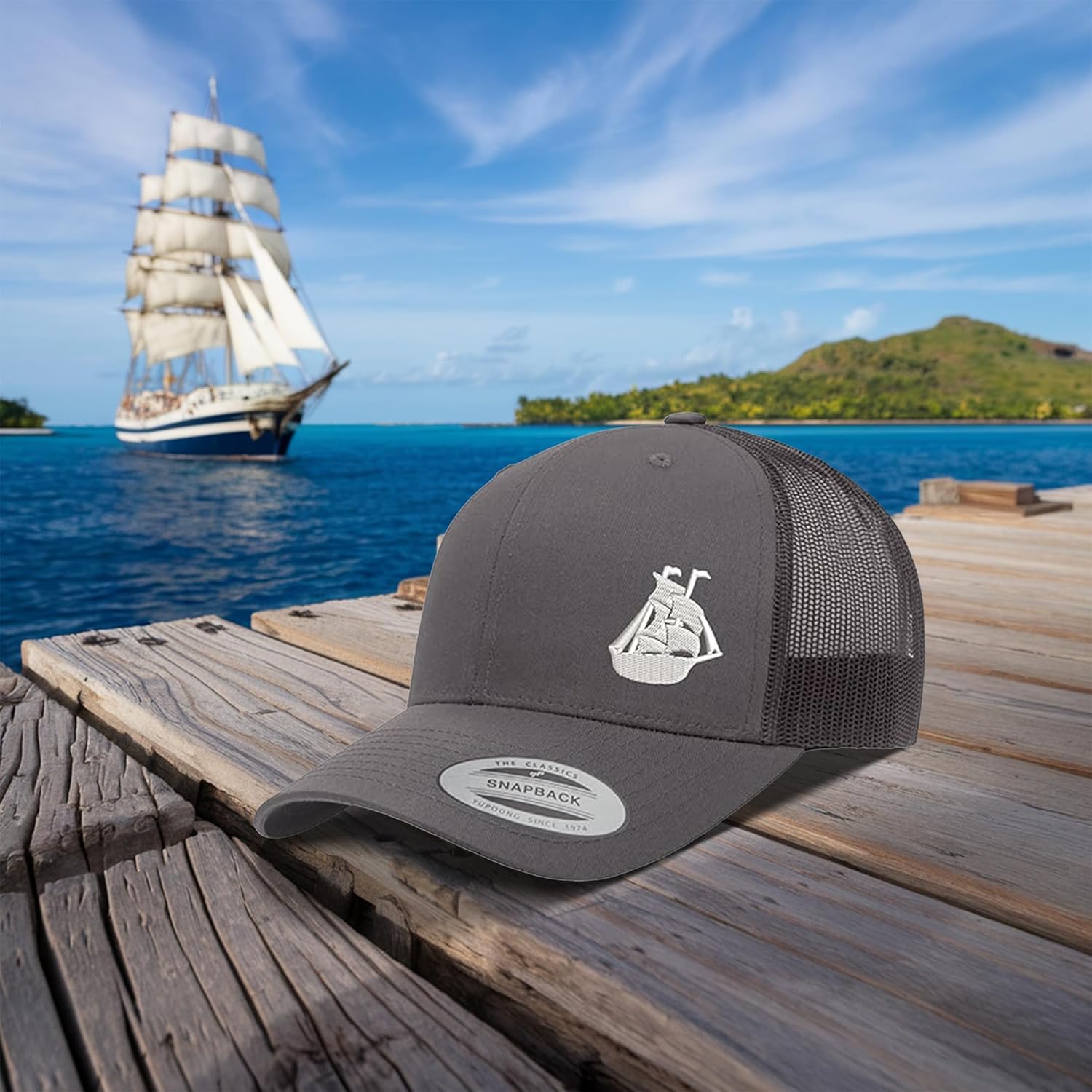 Embroidered Sailing Ship Trucker Hat – Adjustable Mesh Snapback Baseball Cap Men Women, Outdoor Nautical Hat