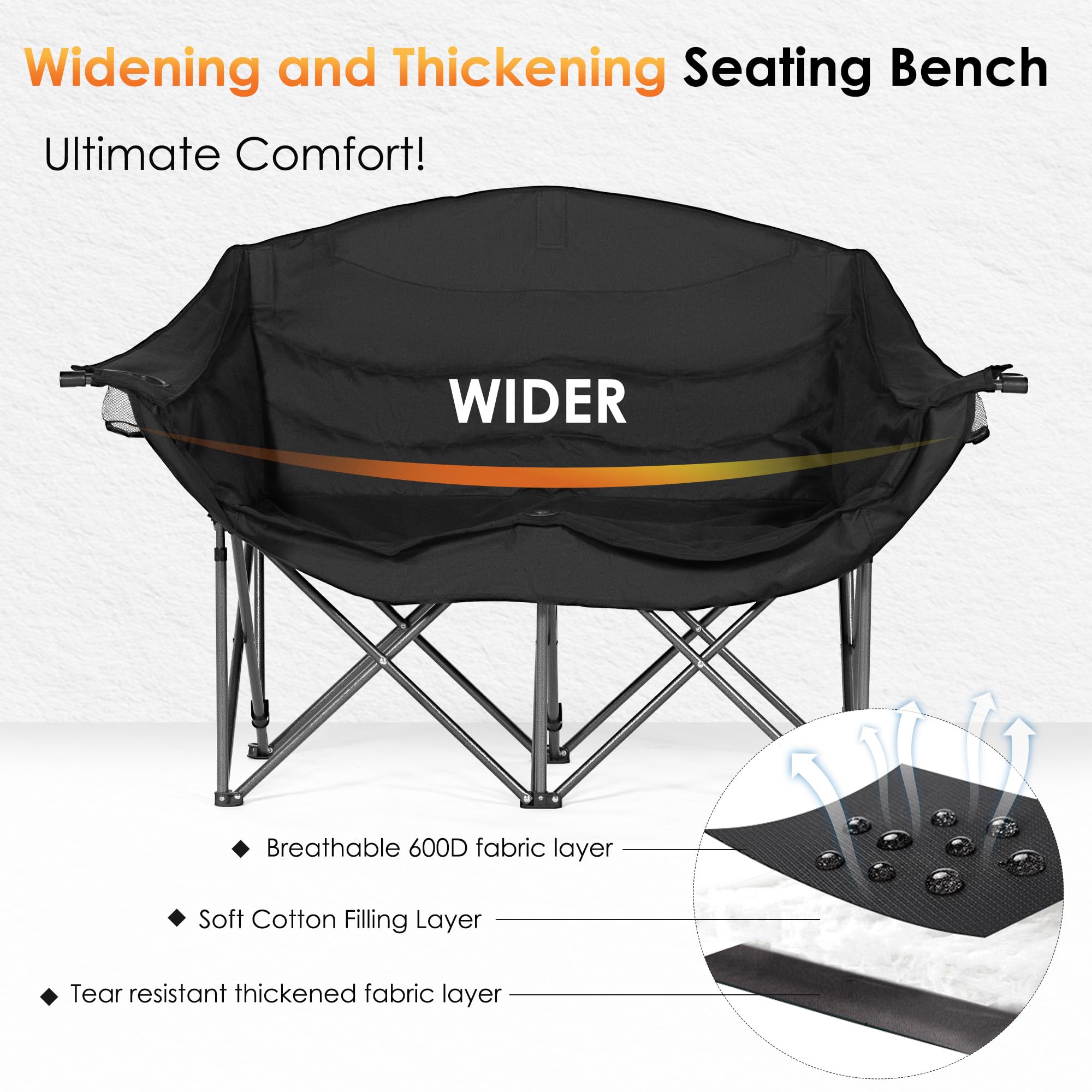 SogesPower Doppelter Campingklappstuhl mit 2 Getränkehaltern & Weinglas Halter – Gepolsterter 2-Sitzer (50x140x93 cm) – Stahlgestell 300 kg Tragfähigkeit – Für Strand, Picknick, Garten, Konzerte