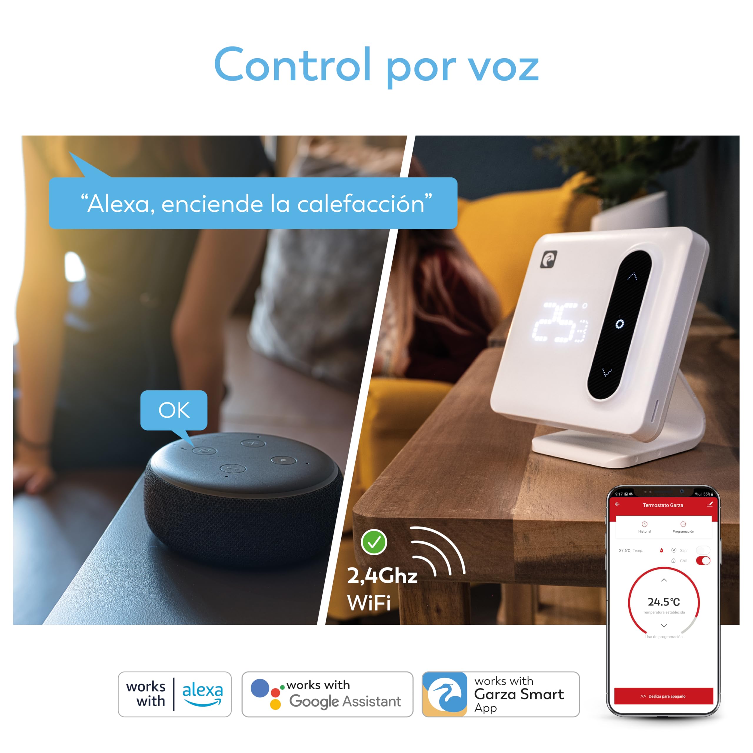 Garza Smart - Termostato Wi-Fi Inteligente para Caldera y Calefacción, con Adaptador, Medidor Consumo, Control táctil, Detección Ventanas Abiertas, Control App y Voz, Alexa/Google, 401367G