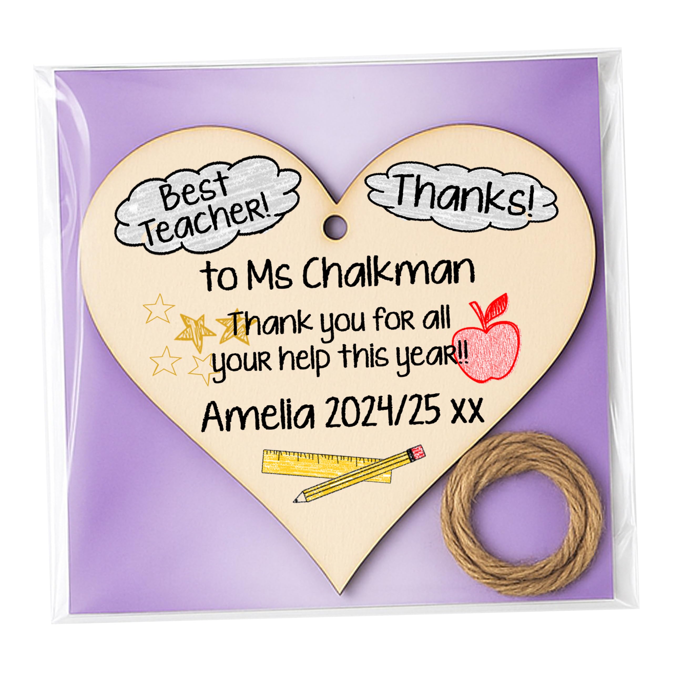Individually Personalised Teacher Gift Wooden Hanging Heart Plaque Bundle - Customisable Set Ready for Gifting. End of Term Thank You Gift for Teachers, TAs, Nursery, Preschool & Childminder (1)