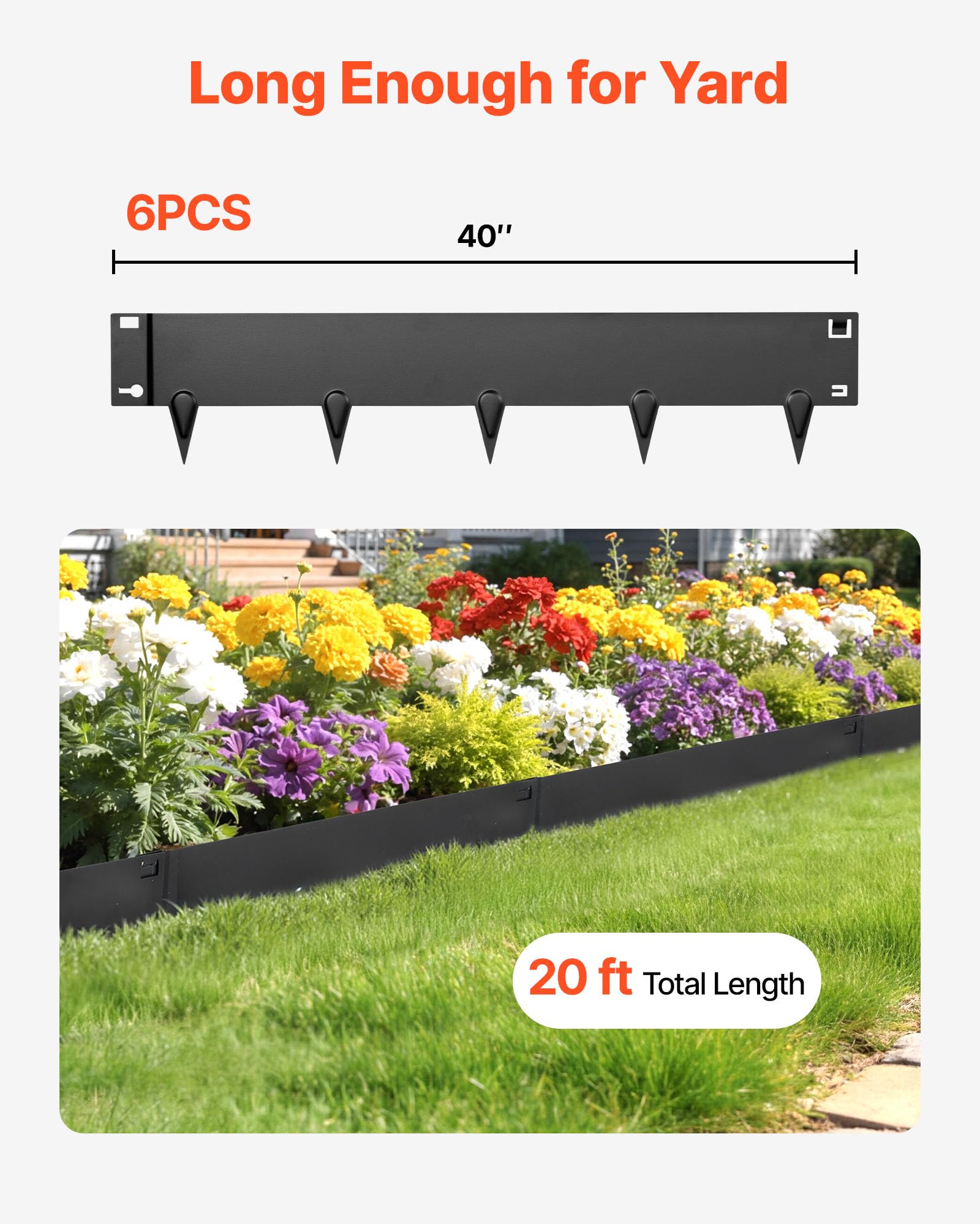 VEVOR Borde de Césped de Acero Galvanizado, 1016 x 207 mm, sin Placas de Conexión, 6 Piezas de Borde, Delimitador Exterior de Metal, Bordura de Jardín con Guantes para Senderos Paisajismo Parterres
