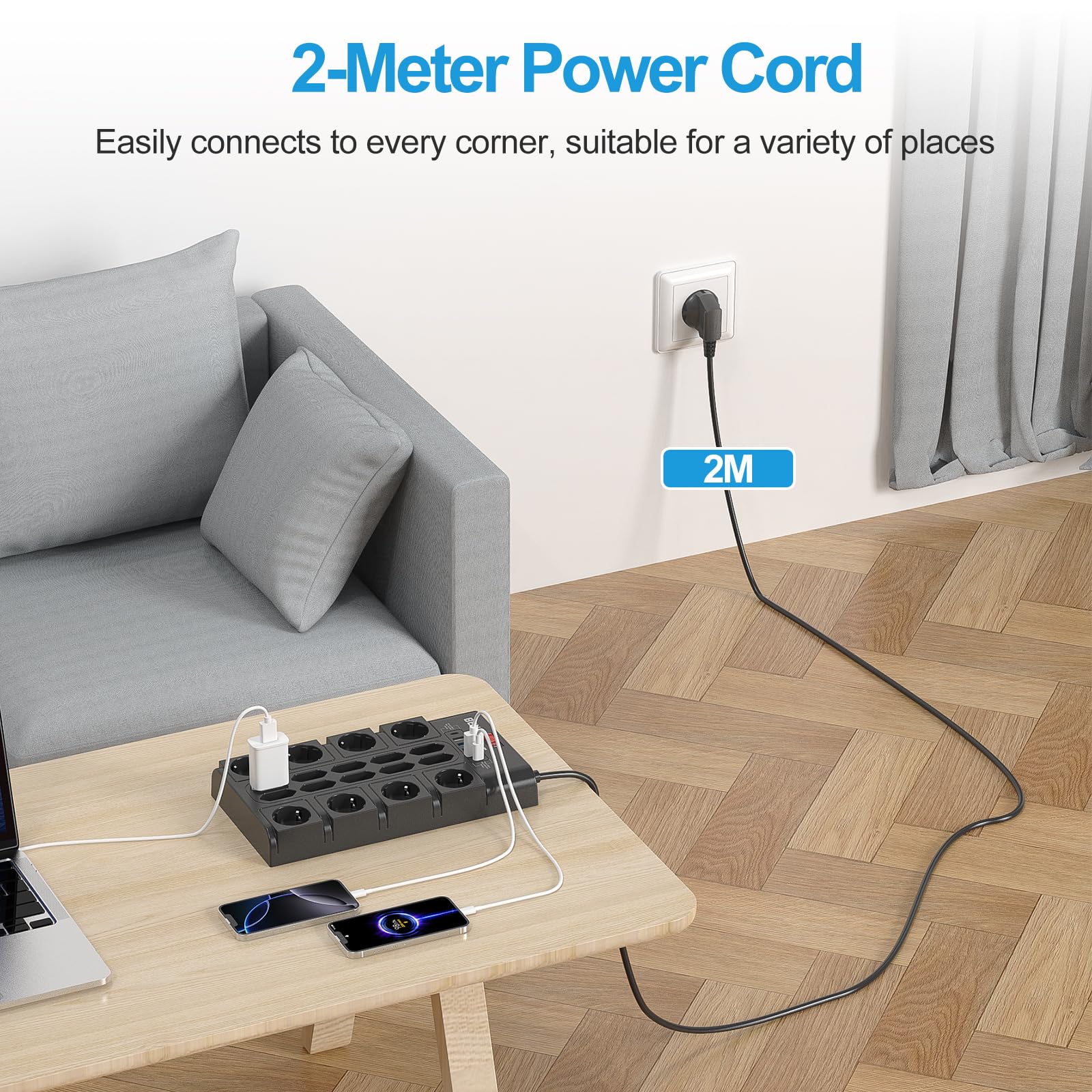 BEVA Ciabatta Elettrica 3680W/16A, Multipresa con 18 Prese CA, 4 Porte di Ricarica USB-A e 2 USB-C, Ciabatta Elettrica con Indicatore di Stato e Protezione Dalle Sovratensioni 2M Cavo