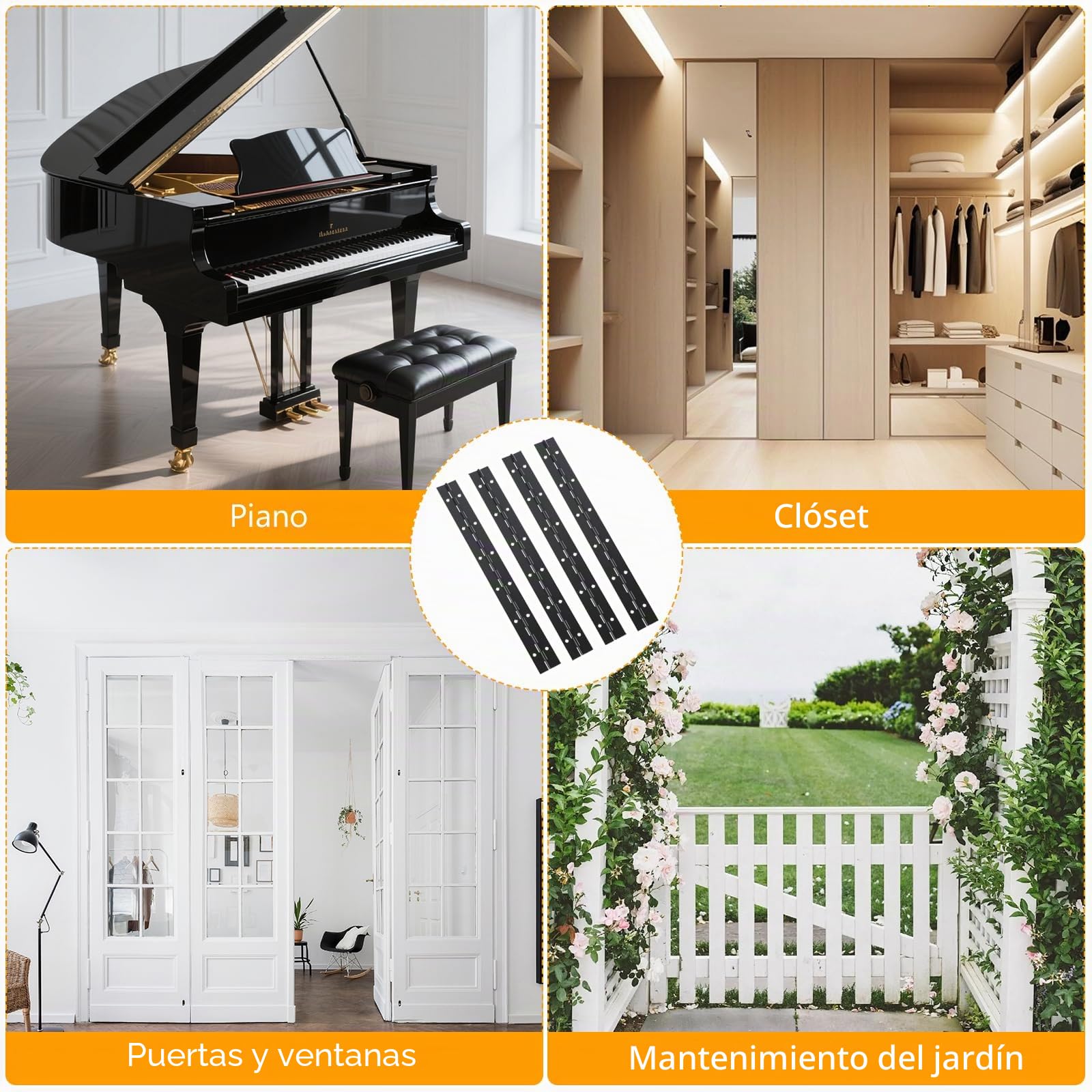 4 Pcs Bisagra Piano, 30 cm Bisagra Puerta de Madera con Orificios, Bisagras de Acero Inoxidable para puertas, pianos y ventanas, con tornillos (negro)