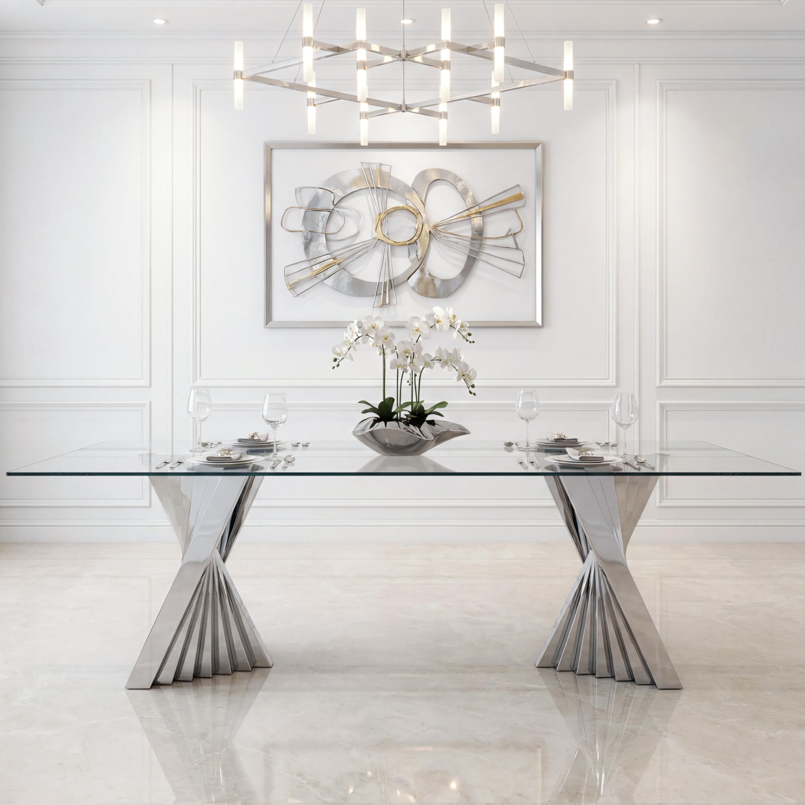 94" Modern Glass Silver Dining Table for 8-10, Luxury Dining Table with Tempered Glass Top & Mirror Finish Stainless Steel Base, Large Rectangle Kitchen Table for Home Banquet Hall Room,