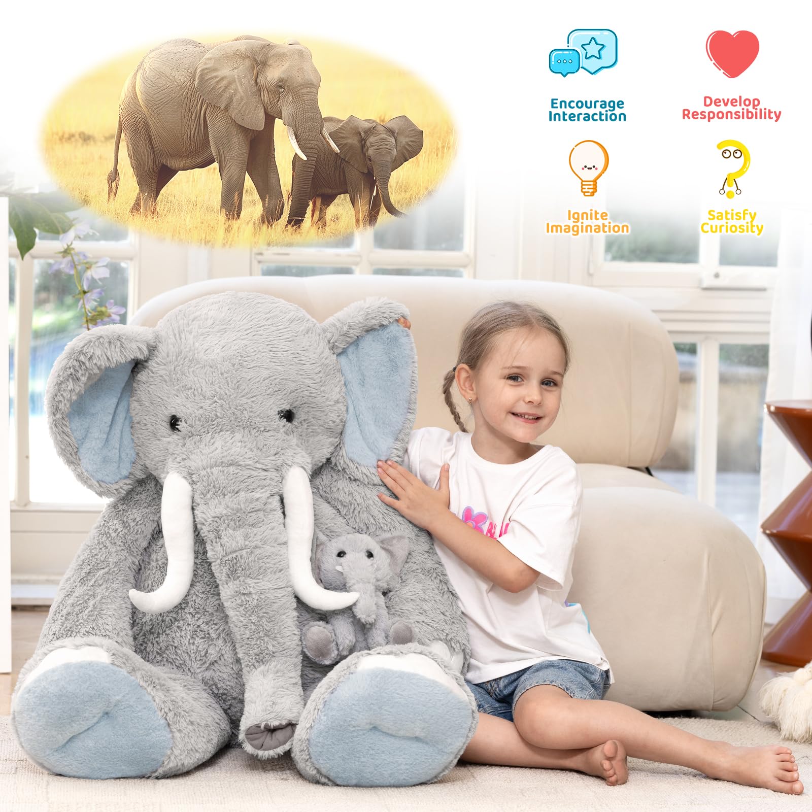 MorisMos XXL Elefante Peluche Gigante, 100cm Realistico Grigio Elefante Grande, Kawaii Morbido Animali di Peluche Regalo per Fidanzate Bambini Compleanno Natale Deco