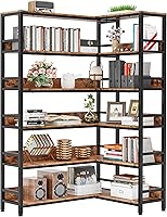 IRONCK 6-Tier L-Shaped Corner Bookshelf Industrial Bookcase Vintage Brown Metal Frame 70lbs Capacity