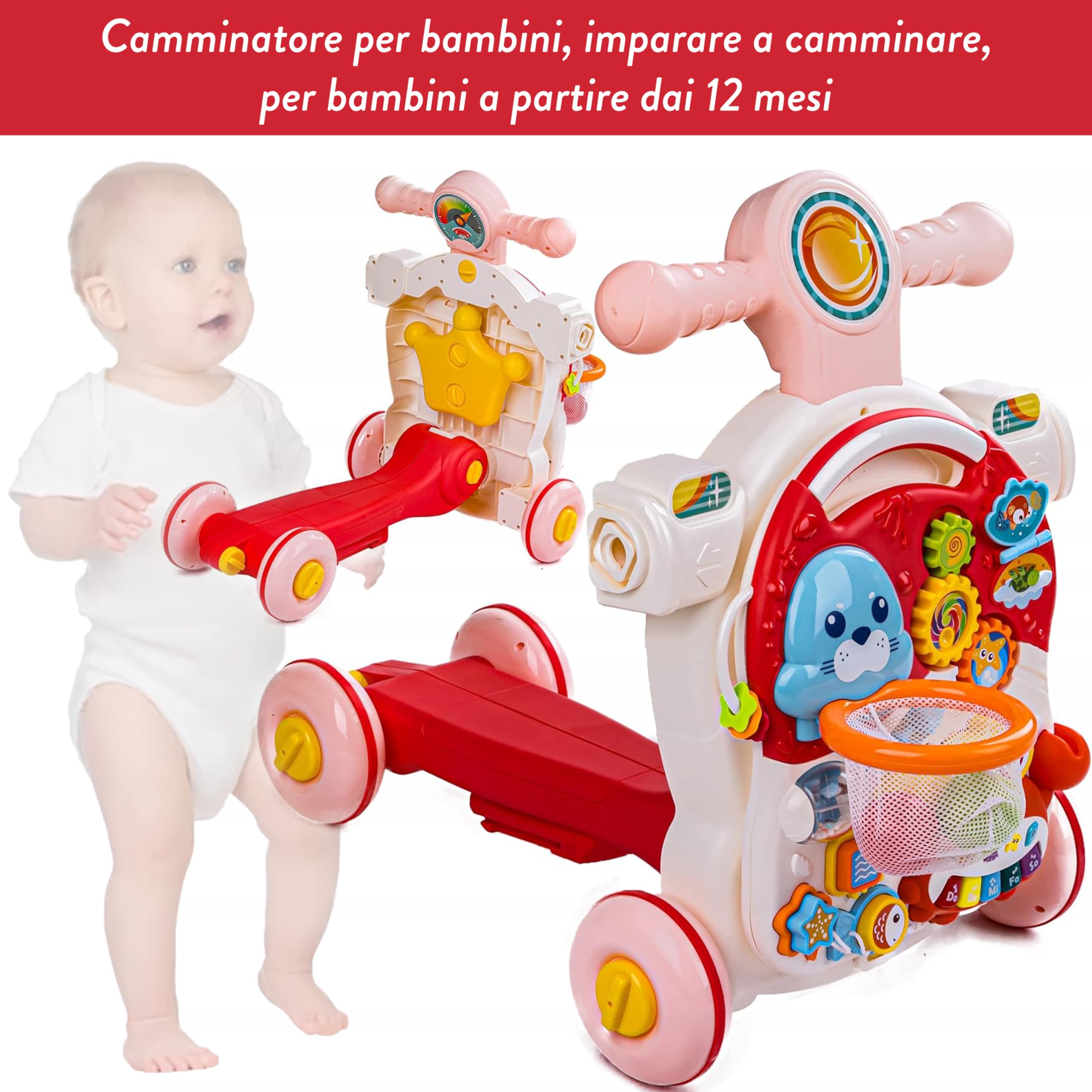 COIL Girello 5 in 1 – Aiuto a camminare, giocattolo educativo musicale, altezza regolabile, deambulatore, apprendimento a piedi, a partire da 1 anno, rosa