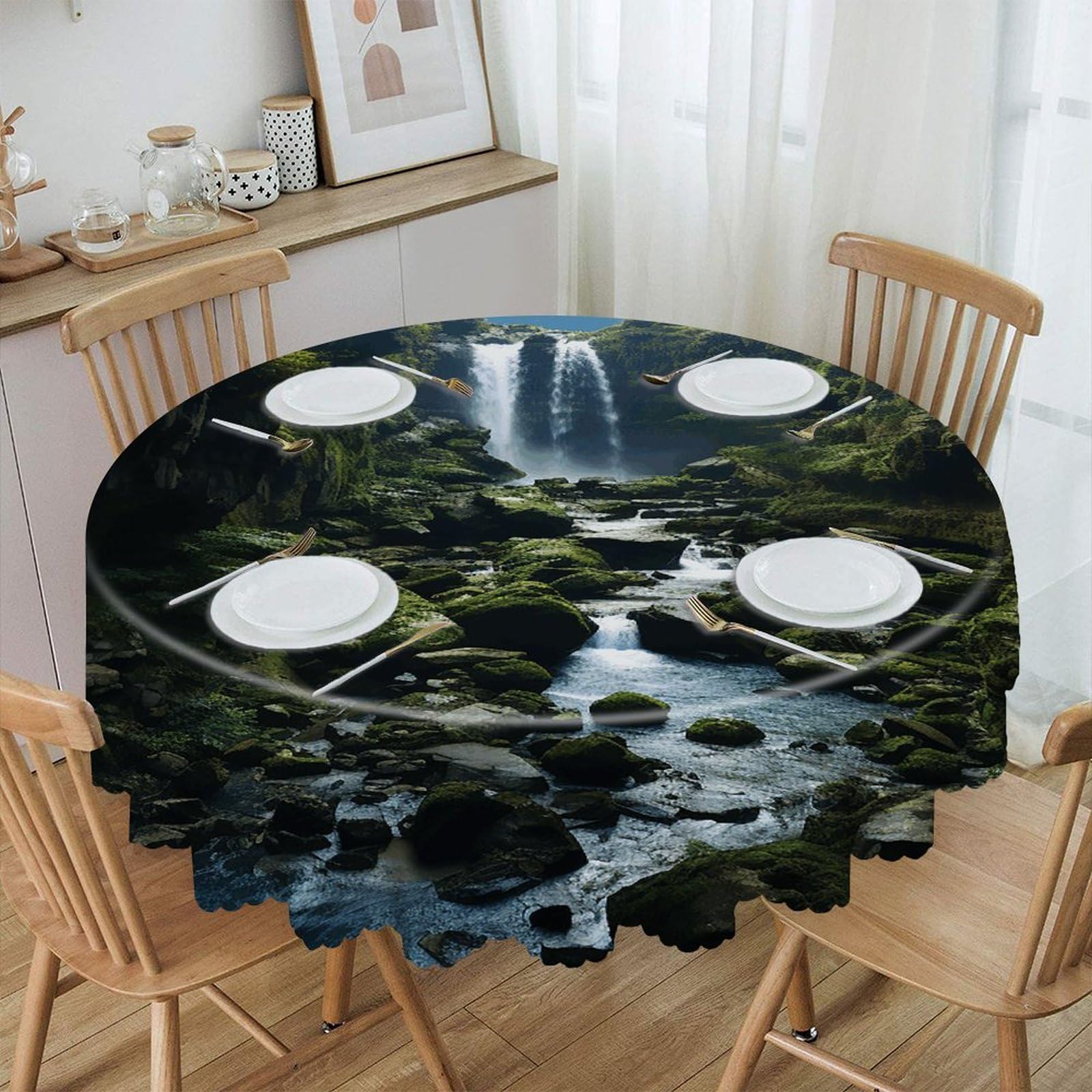 VstaDank Waterfall Cliff Round Tablecloth Wipeable Round Polyester Tablecloth Waterproof Wrinkle Free Indoor and Outdoor Table Cover 60 Inch Decorative Farmhouse Table Cloth for Dining