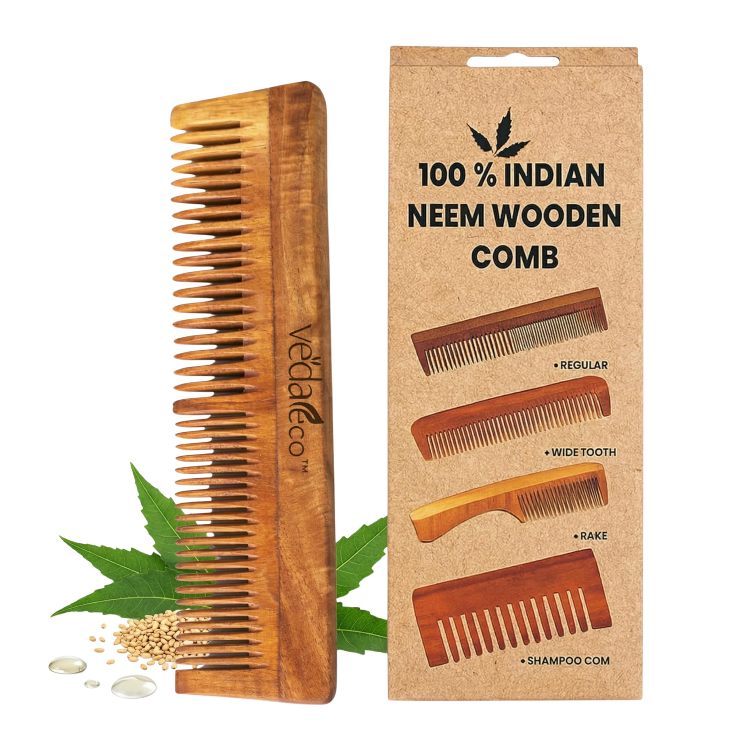 Kacchi Neem Wooden Comb Dual Tooth – Soaked in 17 Herbs Neem & Sesame Oil, Anti-Frizz Detangling Comb for Hair Growth, Shine & Scalp Care for All Hair Types-image-47