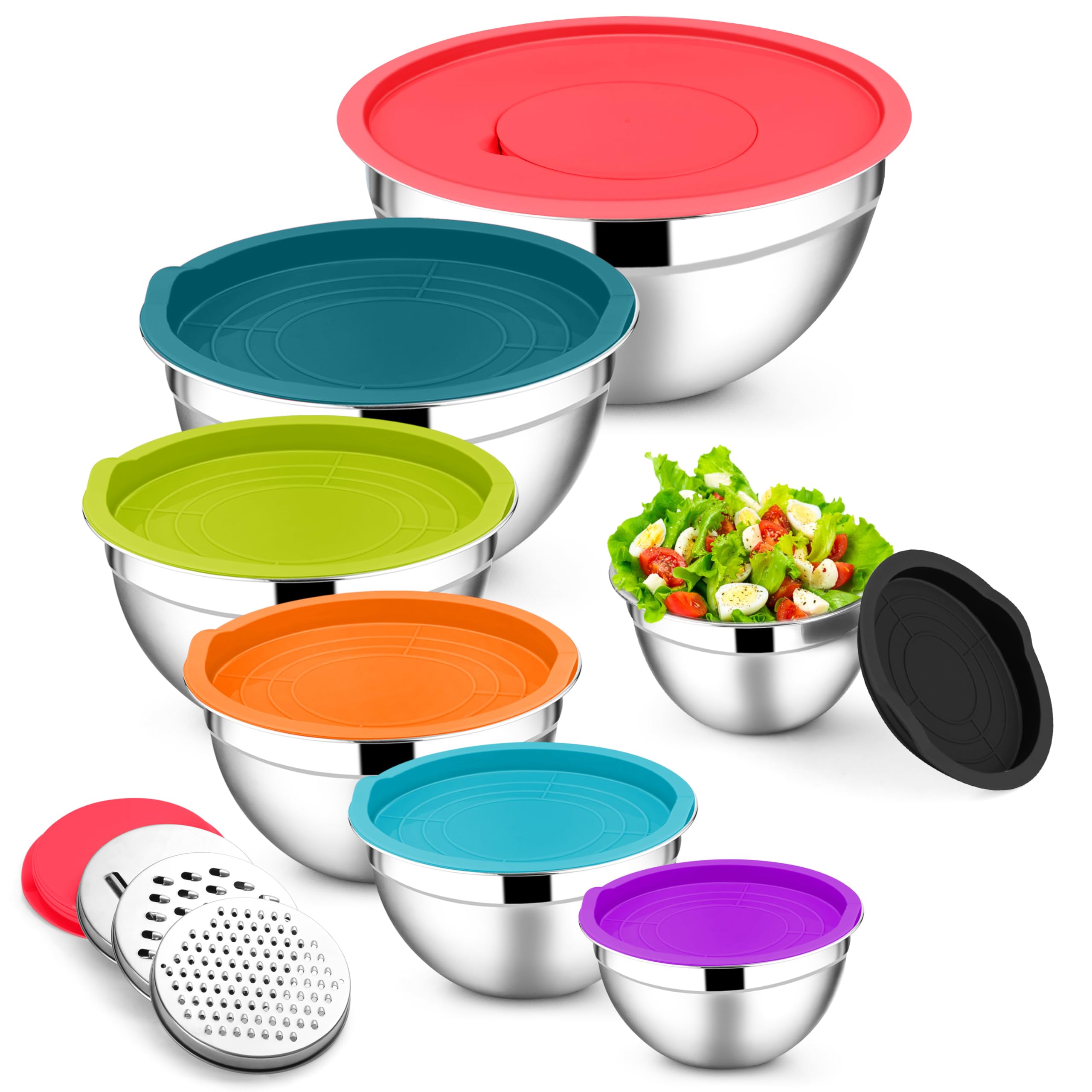 E-far Juego de cuencos para mezclar con tapas, 7 cuencos de acero inoxidable con 3 accesorios de rallador, tamaño 4.6, 3.5, 2.6, 2, 1.5, 1, 0.7 cuartos de galón, cuenco de metal anidable y tapa