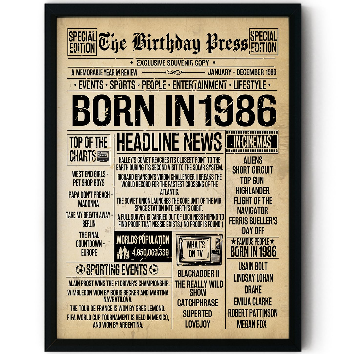 Stuff4 Women's 1986 40Th Birthday Poster Framed - Born In Vintage Newspaper - Happy 40Th Birthday Gifts For Men Retro Back In 8X10 Inch Decor Decoration Bday Party