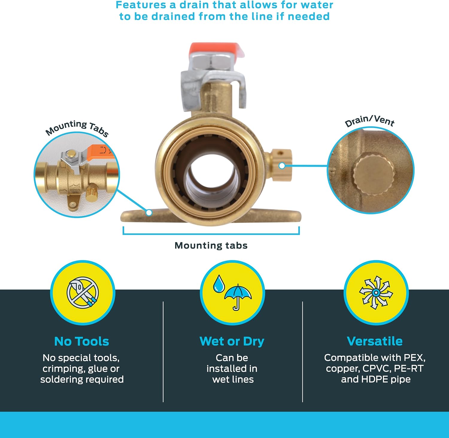 SharkBite 3/4 Inch Ball Valve with Drain Vent and Mounting Bracket, Push to Connect Brass Plumbing Fitting, PEX Pipe, Copper, CPVC, PE-RT, HDPE, 24616-0000LFA