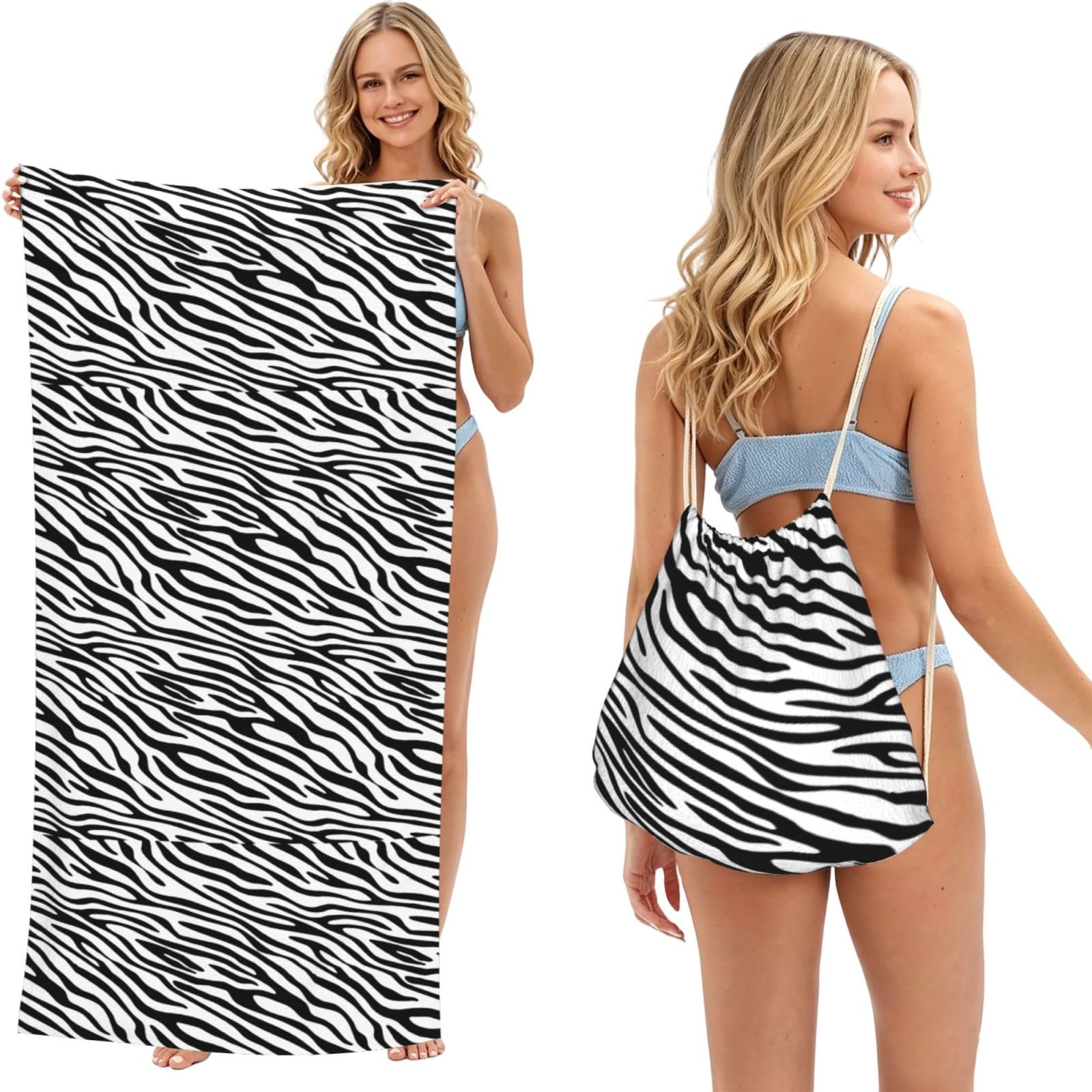 Poadnly As Picture Basic Zebra, 2 In 1 Packable Towel Bag, Beach Towels With Drawstring Backpack For Travel Holiday Camping
