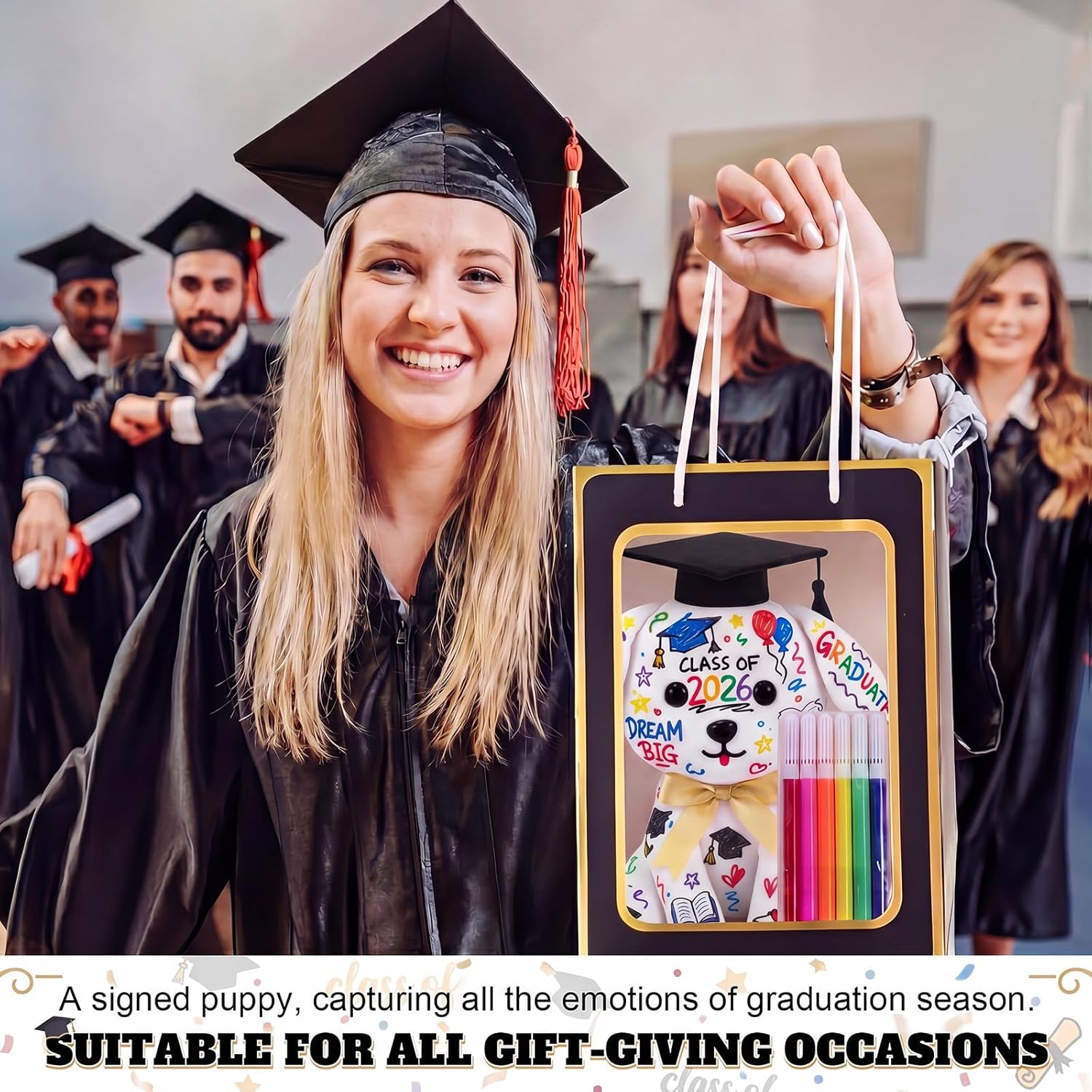 Condition photo showing New/Like New for graduation autograph stuffed animal set 2026 graduation dog to sign diy graffiti signature animal memory keepsake with 6 marker pens, cap, black gold gift bag for classmate student gift