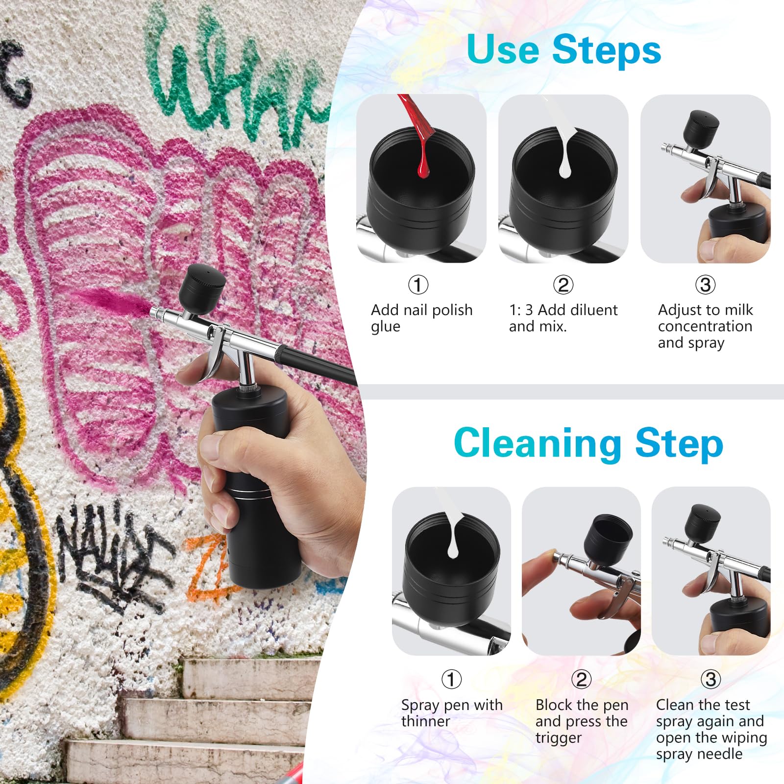 Kit aerografo con compressore – portatile e ricaricabile, con ugello da 0,3 mm, 5 aghi per pulizia e cavo di ricarica USB-C. Adatto per modellismo, cosmetici, nail art e decorazione torta