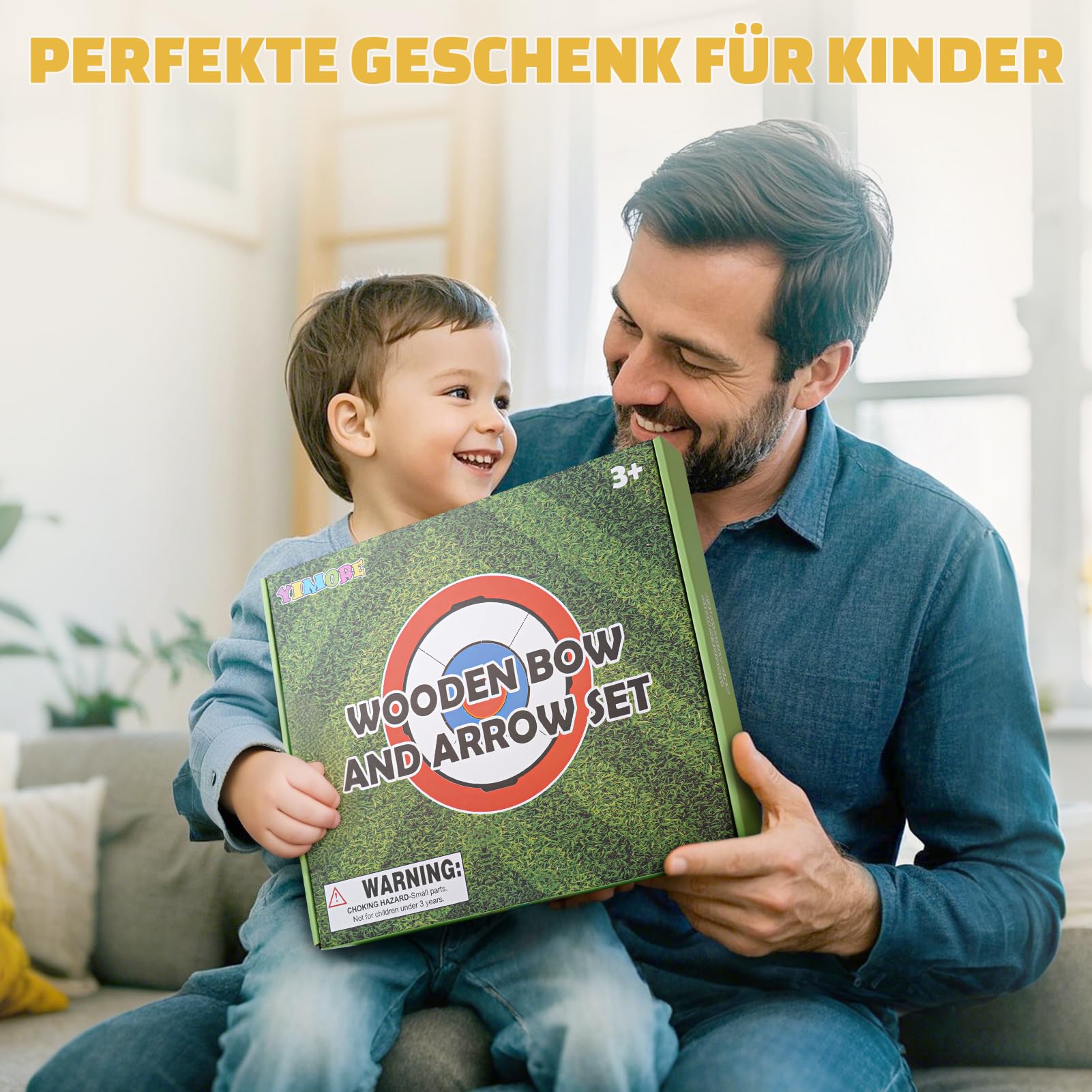 YIMORE Pfeil und Bogen Kinder Set, Bogenschießen Kinder Holzspielzeug mit 6 Saugnapf-Pfeilen, 1 Großes Zielscheibe, 4 Kleine Zielscheiben und Köcher, Kinderbogen für ab 3 Jahre Junge Mädchen