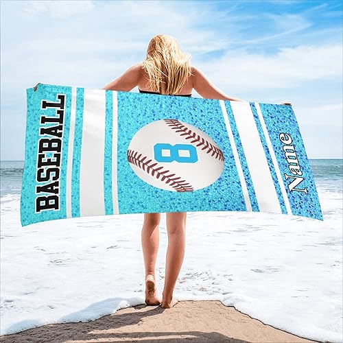 Miniatura 7 de Toalla de playa amarilla personalizada con nombre, toallas grandes de gran tamaño de 2 lados impresas para béisbol deportivo, 30 x 60 pulgadas