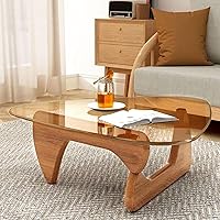 Vista 13 de Mesa de centro moderna de vidrio para sala de estar, mesa de centro pequeña con patas de madera, mesas de centro de mediados de siglo, mesa central