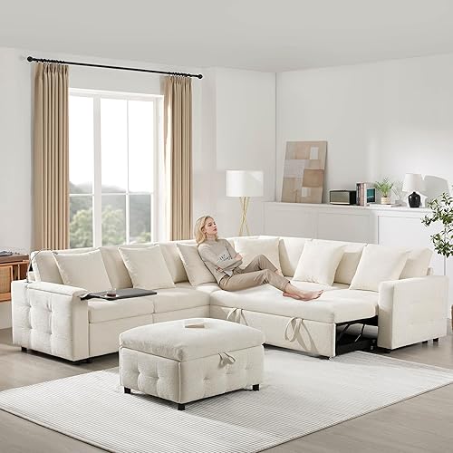 117" Large Modular Sectional Sleeper Sofa with Ottoman, Flip-up Table Panel, Light and Charging Station, 6-Seater L-Shaped Chenille Sofa Couch with Cushions, Pillows and Storage Lounge Chair (Cream)