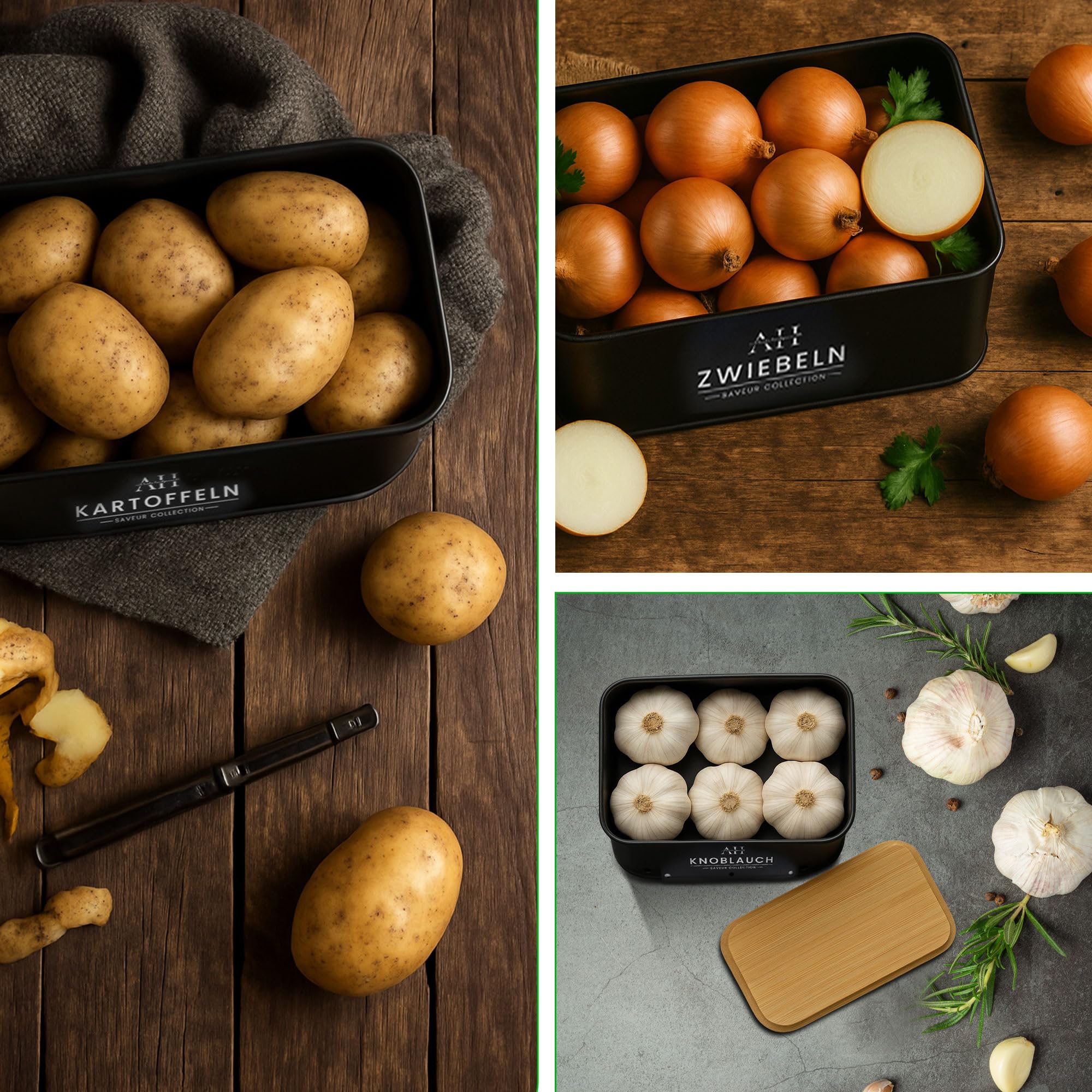 AH® Kartoffel Aufbewahrungsbox inkl. Gemüsebürste [5er Set] - Zwiebeltopf, Kartoffelbox - Geeignet für Gemüse & Zwiebel Aufbewahrung