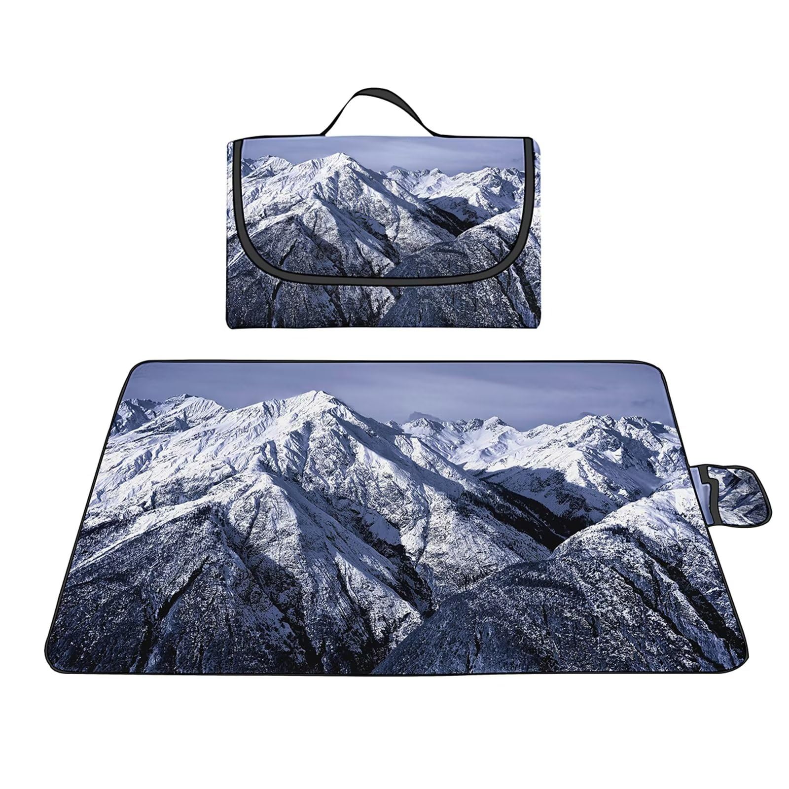 Manta Picnic Impermeable 150x150cm,Lavable Picnic Blanket,Ultrasónica Mantel Picnic,con Mango Multifunción para Acampar Playa Parque de Senderismo,Montañas Nevadas