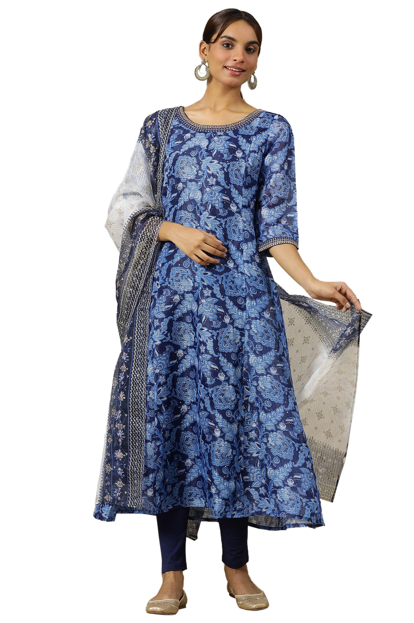 aurelia Blue and White Floral Printed Kota Doria Light-Weight Sheet Dupatta-picture-22