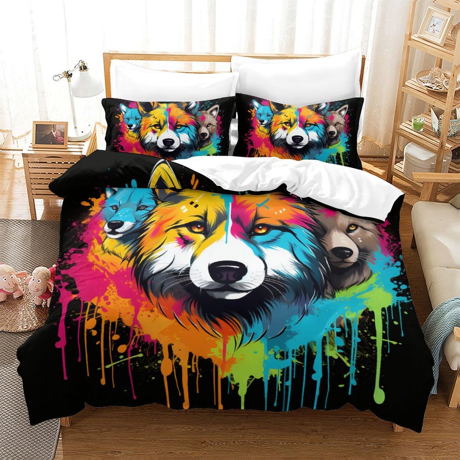 Parure de lit 3 pièces loup 3D housse de couette 220x240 microfibre
