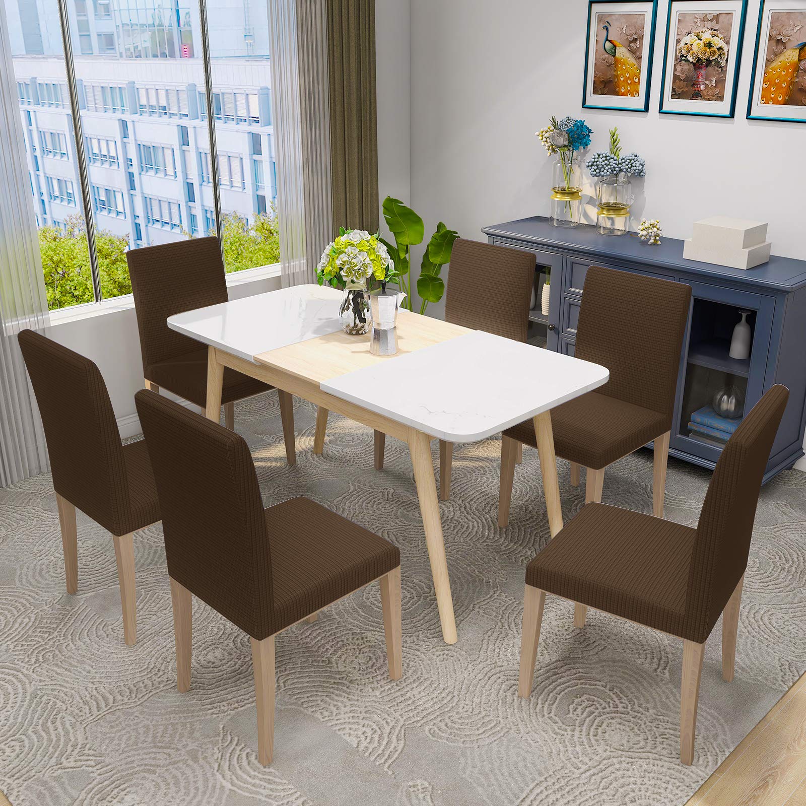 MAXIJIN Super Stretch Dining Room Chair Cover Jacquard Spandex Dining Parsons Chair Slipcover Removable Chair Protector Covers for Dining Room,Hotel,Kitchen,Ceremony (Brown - Image 2