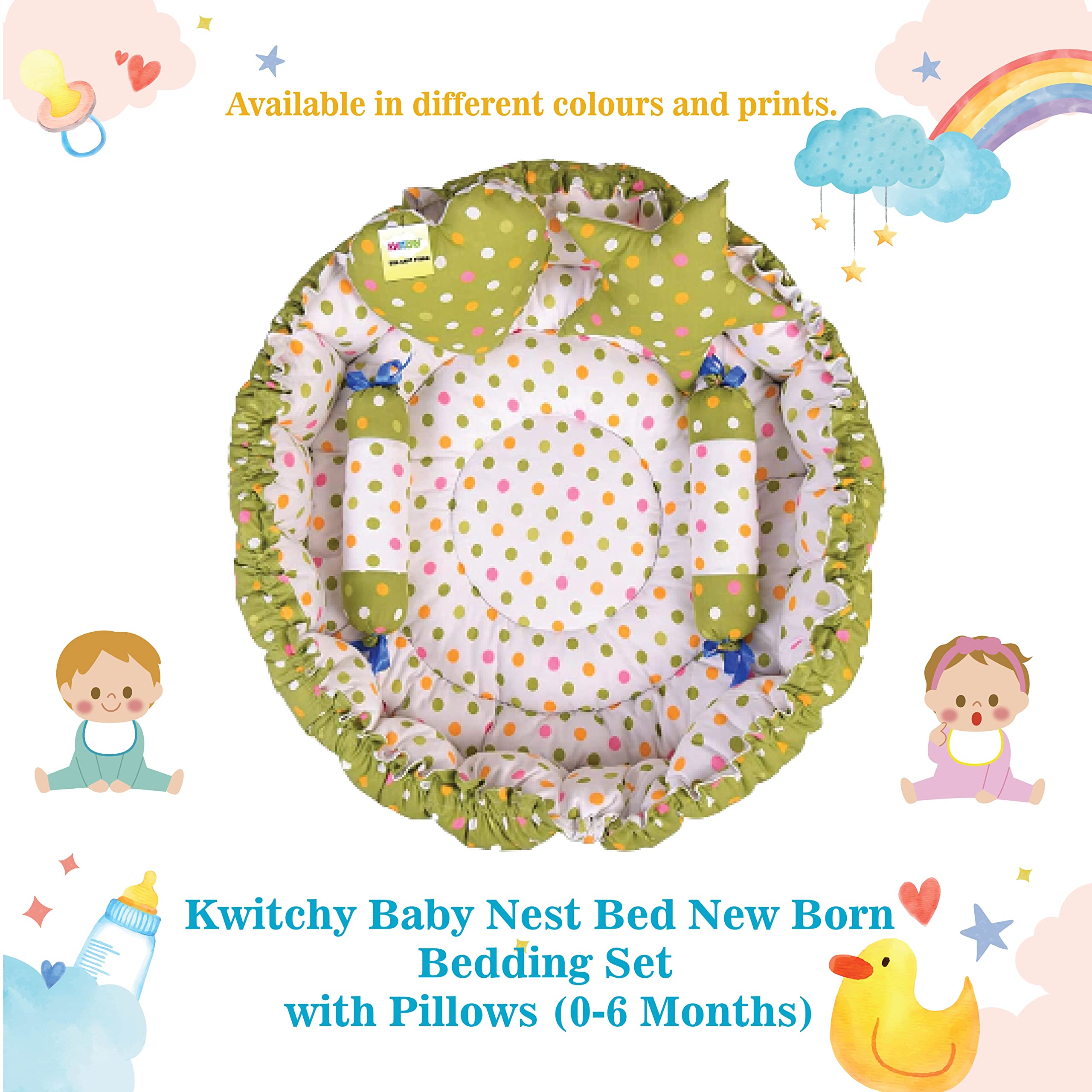 Kwitchy Baby Bed New Born Baby Reversible | Bedding Set | Carry | Cotton | Infants | Products All | Gift | Essentials (0-6 Months) (Green Mixmatch) 1
